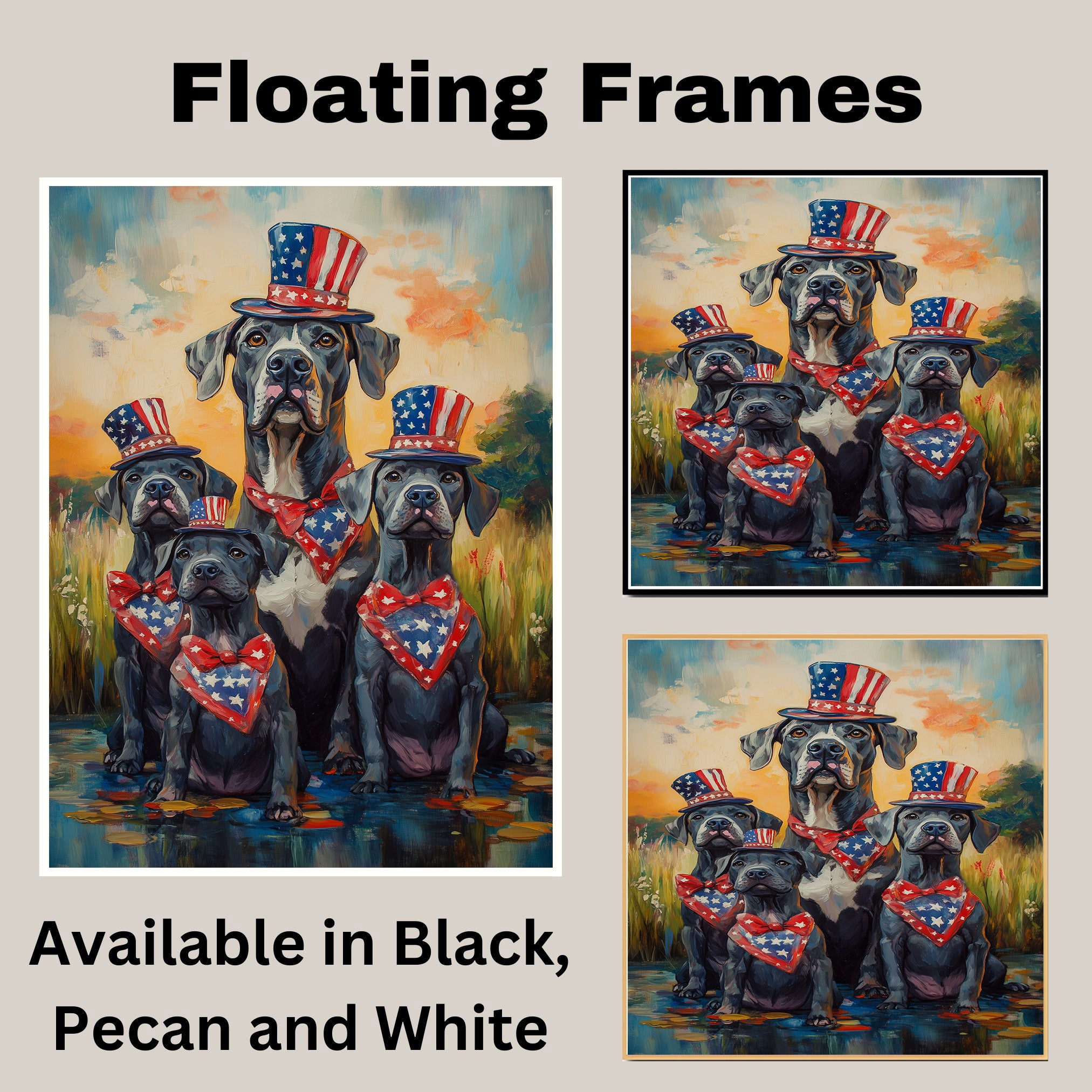 Mother Great Dane with Three Puppies Wearing Patriotic Hats and Bandanas by a Pond at Sunset in a Whimsical Celebration on Ready to Hang 1.5" Thick Canvas Wrap, Floating Framed Canvas, Flat Rolled Canvas