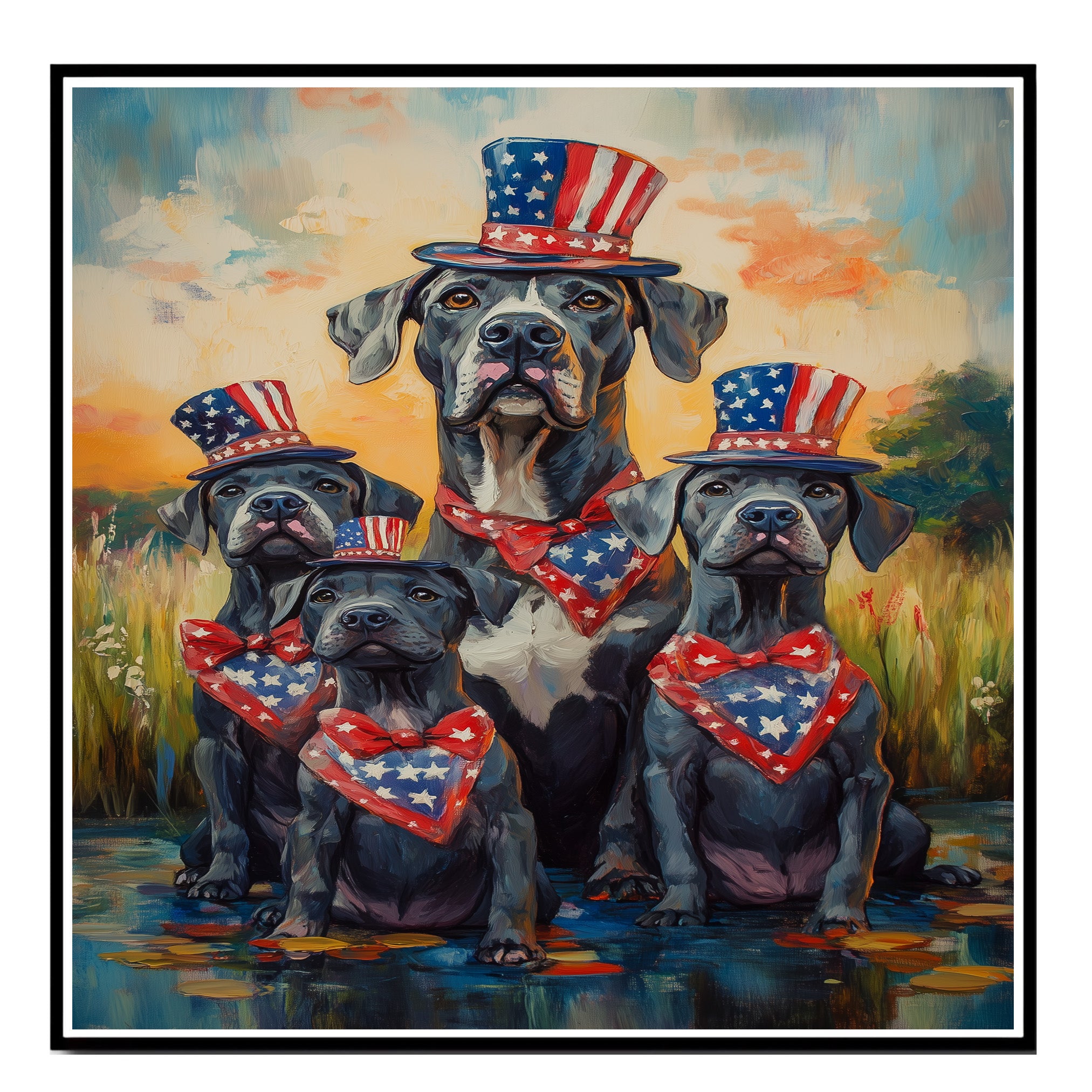 Mother Great Dane with Three Puppies Wearing Patriotic Hats and Bandanas by a Pond at Sunset in a Whimsical Celebration on Ready to Hang 1.5" Thick Canvas Wrap, Floating Framed Canvas, Flat Rolled Canvas