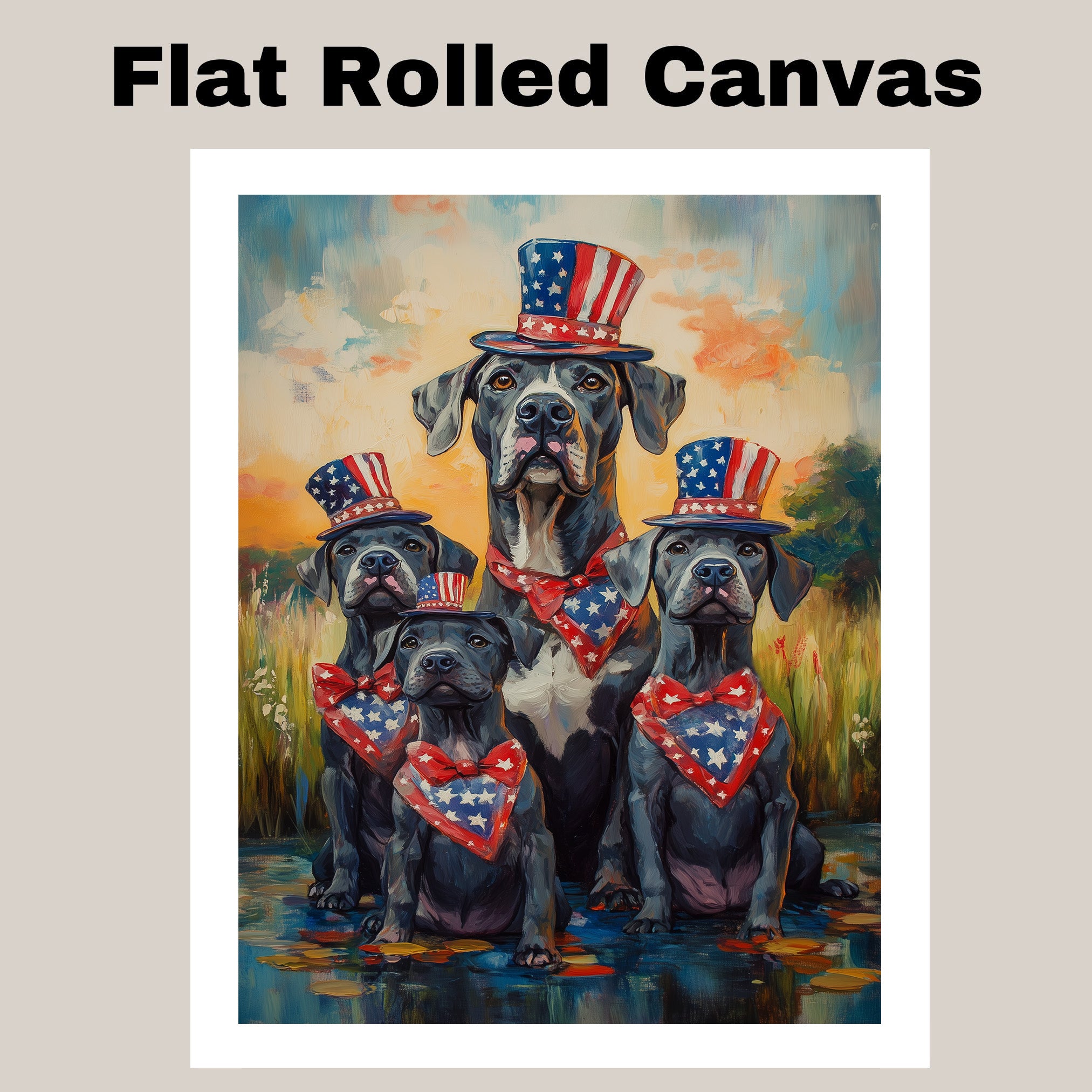 Mother Great Dane with Three Puppies Wearing Patriotic Hats and Bandanas by a Pond at Sunset in a Whimsical Celebration on Ready to Hang 1.5" Thick Canvas Wrap, Floating Framed Canvas, Flat Rolled Canvas