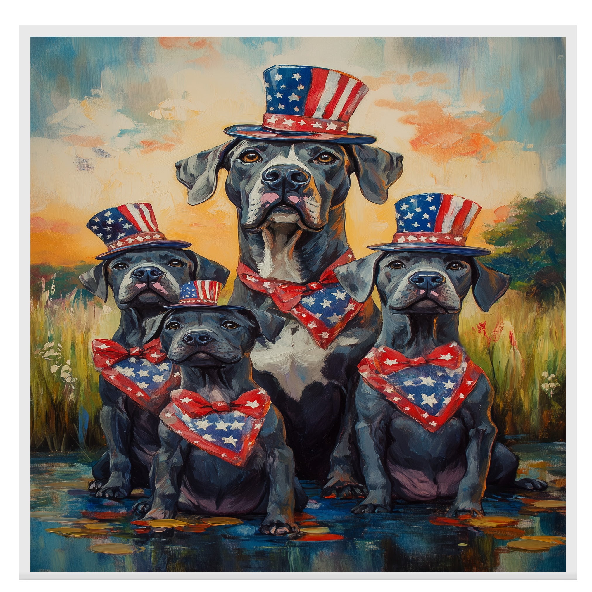 Mother Great Dane with Three Puppies Wearing Patriotic Hats and Bandanas by a Pond at Sunset in a Whimsical Celebration on Ready to Hang 1.5" Thick Canvas Wrap, Floating Framed Canvas, Flat Rolled Canvas