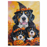Greater Swiss Mountain Dog Halloween Canvas Wall Art with Pumpkins and Witch Hats Rustic Fall Farmhouse Decor on Ready to Hang 1.5" Thick Canvas Wrap, Floating Framed Canvas, Flat Rolled Canvas