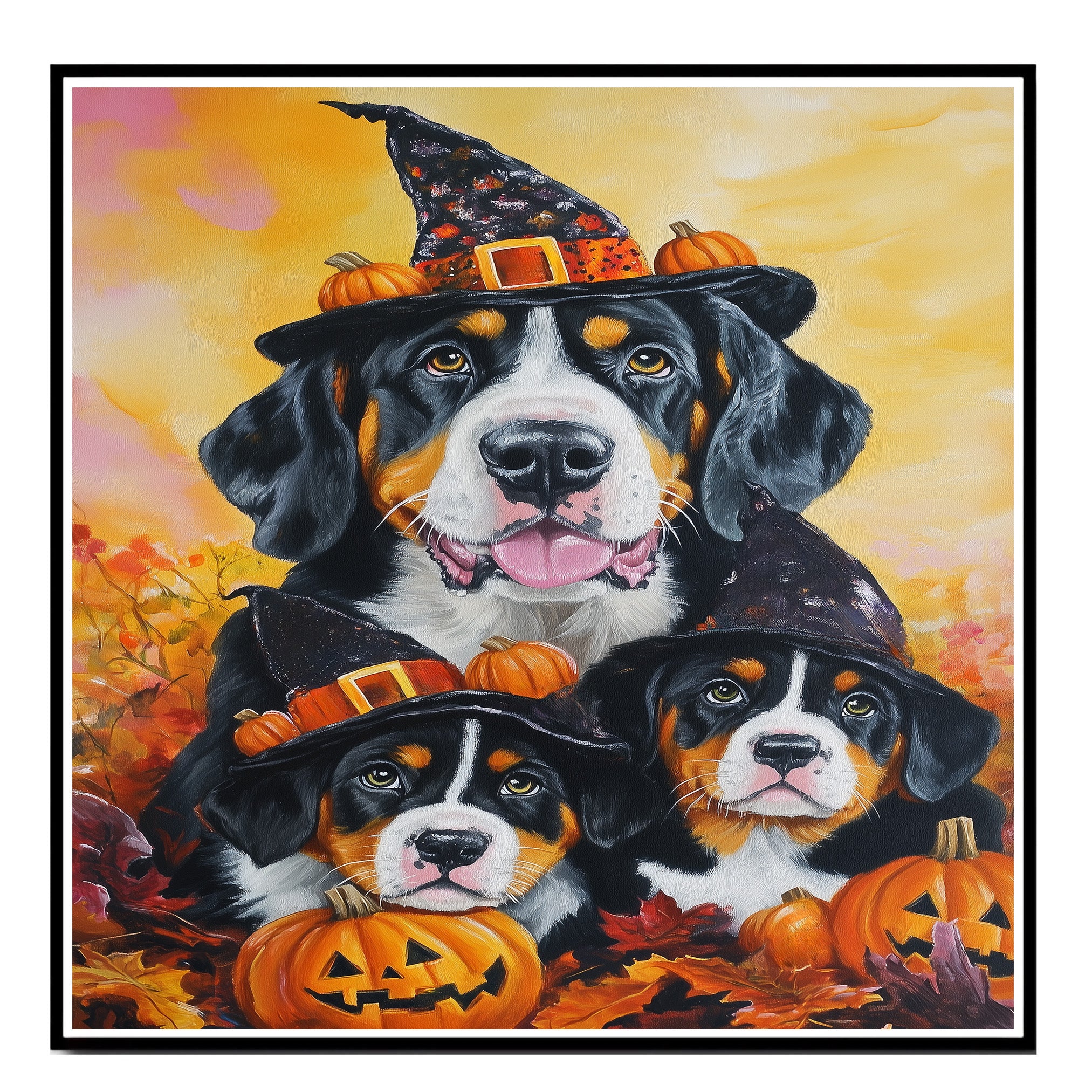 Greater Swiss Mountain Dog Halloween Canvas Wall Art with Pumpkins and Witch Hats Rustic Fall Farmhouse Decor on Ready to Hang 1.5" Thick Canvas Wrap, Floating Framed Canvas, Flat Rolled Canvas