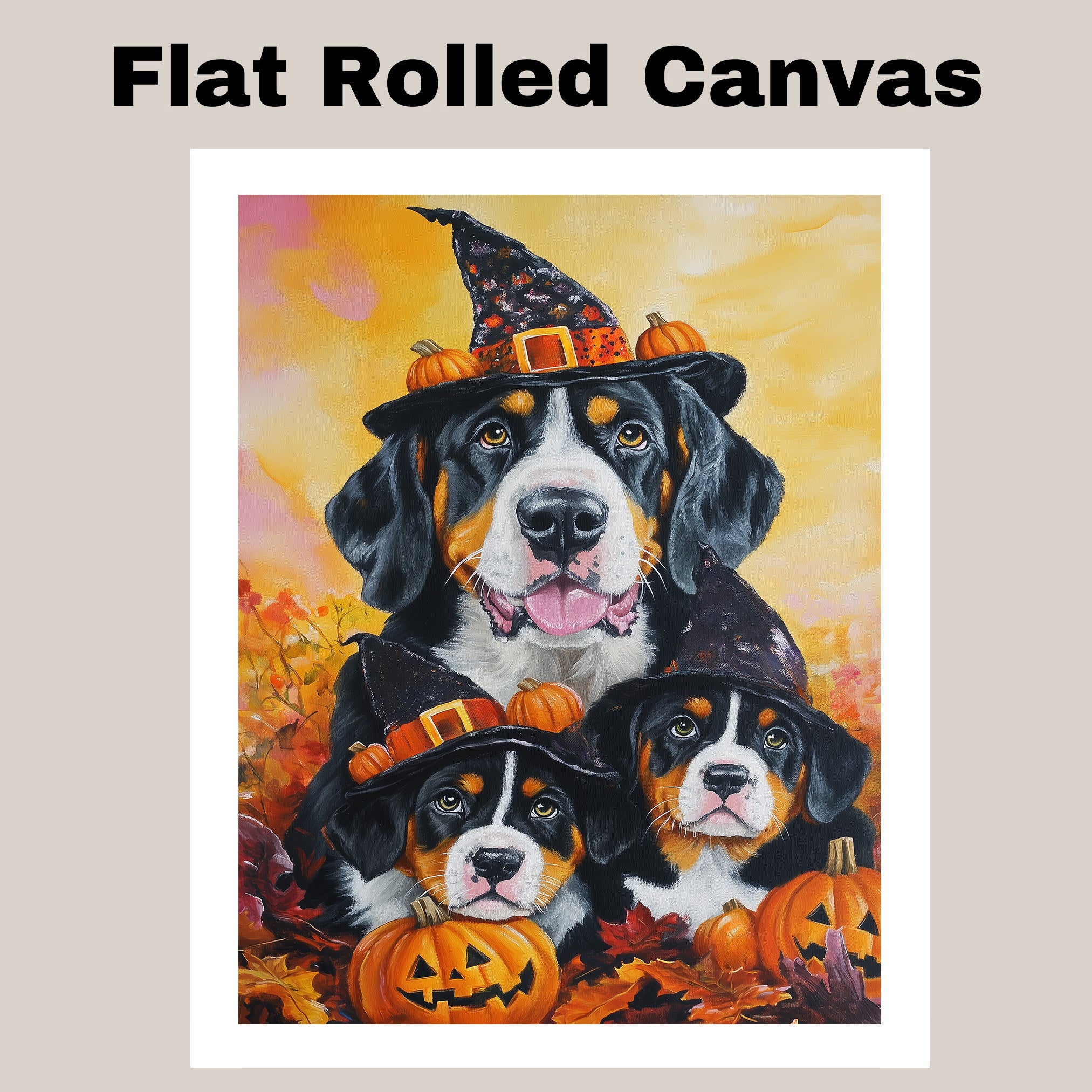 Greater Swiss Mountain Dog Halloween Canvas Wall Art with Pumpkins and Witch Hats Rustic Fall Farmhouse Decor on Ready to Hang 1.5" Thick Canvas Wrap, Floating Framed Canvas, Flat Rolled Canvas