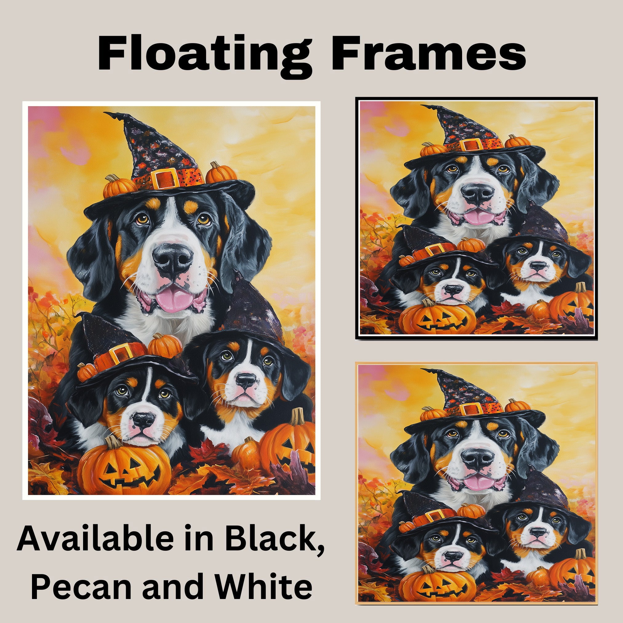 Greater Swiss Mountain Dog Halloween Canvas Wall Art with Pumpkins and Witch Hats Rustic Fall Farmhouse Decor on Ready to Hang 1.5" Thick Canvas Wrap, Floating Framed Canvas, Flat Rolled Canvas