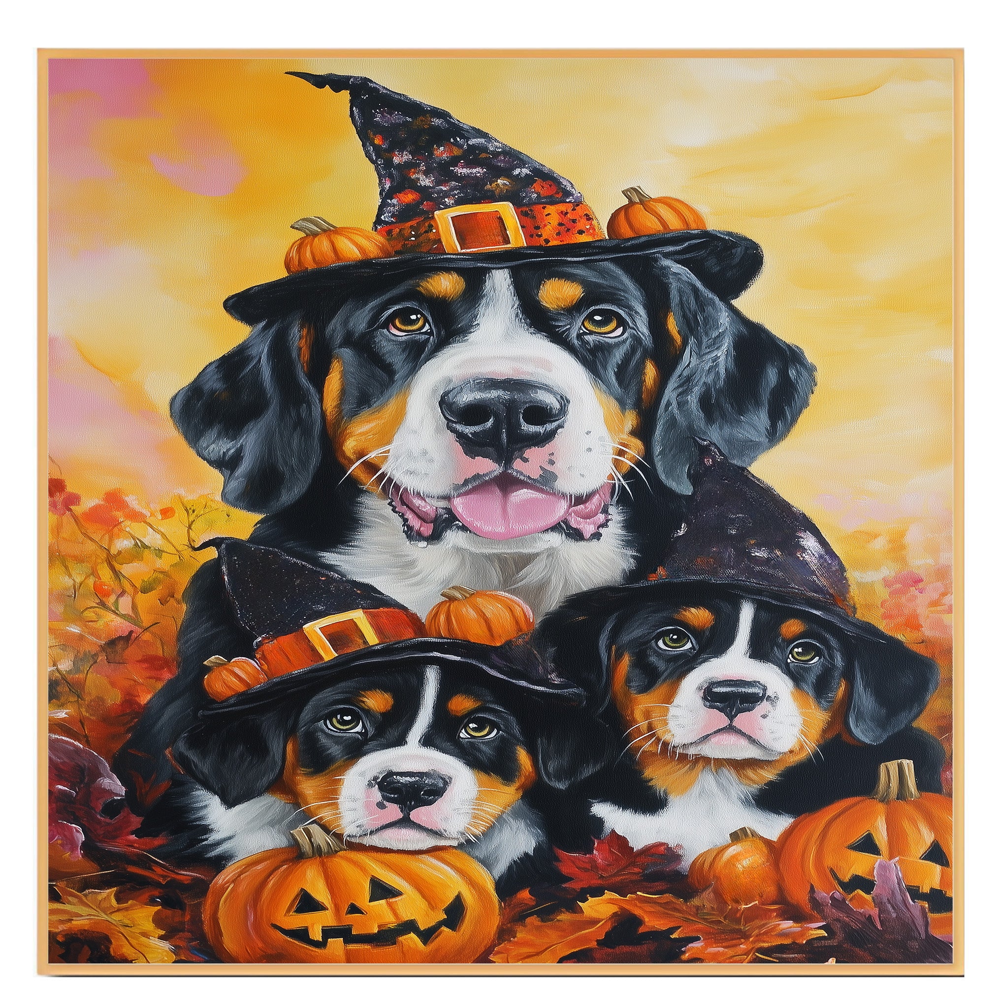 Greater Swiss Mountain Dog Halloween Canvas Wall Art with Pumpkins and Witch Hats Rustic Fall Farmhouse Decor on Ready to Hang 1.5" Thick Canvas Wrap, Floating Framed Canvas, Flat Rolled Canvas
