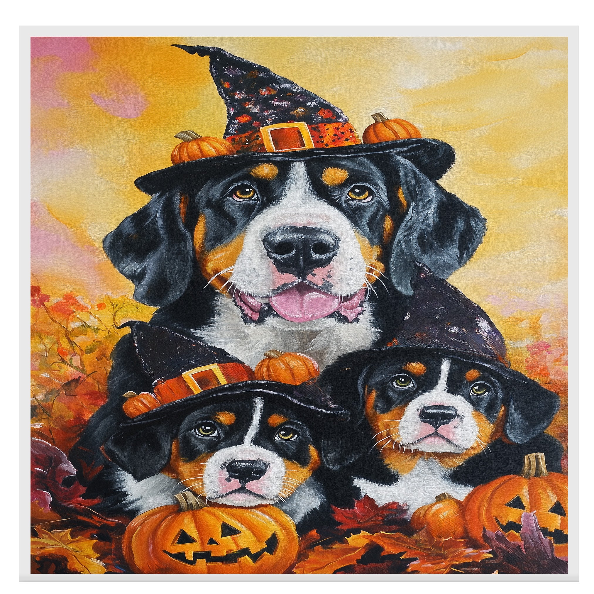 Greater Swiss Mountain Dog Halloween Canvas Wall Art with Pumpkins and Witch Hats Rustic Fall Farmhouse Decor on Ready to Hang 1.5" Thick Canvas Wrap, Floating Framed Canvas, Flat Rolled Canvas