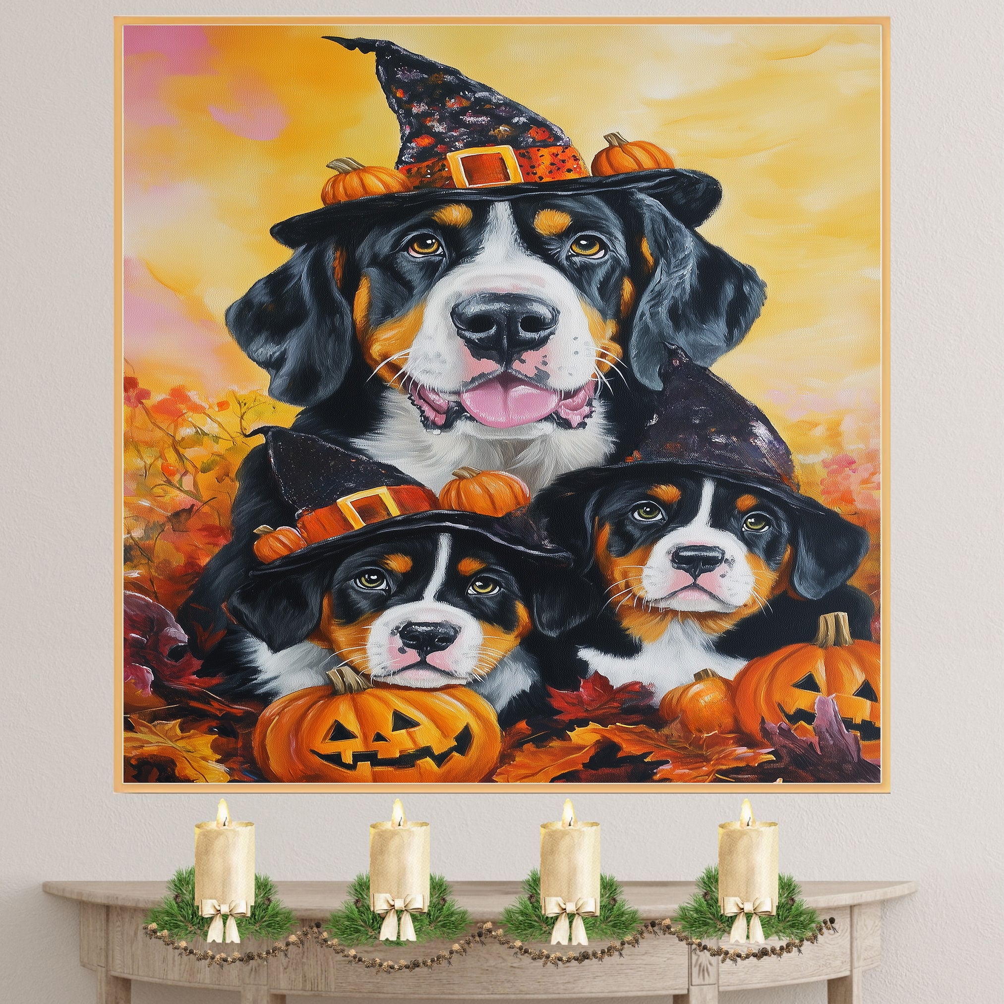 Greater Swiss Mountain Dog Halloween Canvas Wall Art with Pumpkins and Witch Hats Rustic Fall Farmhouse Decor on Ready to Hang 1.5" Thick Canvas Wrap, Floating Framed Canvas, Flat Rolled Canvas