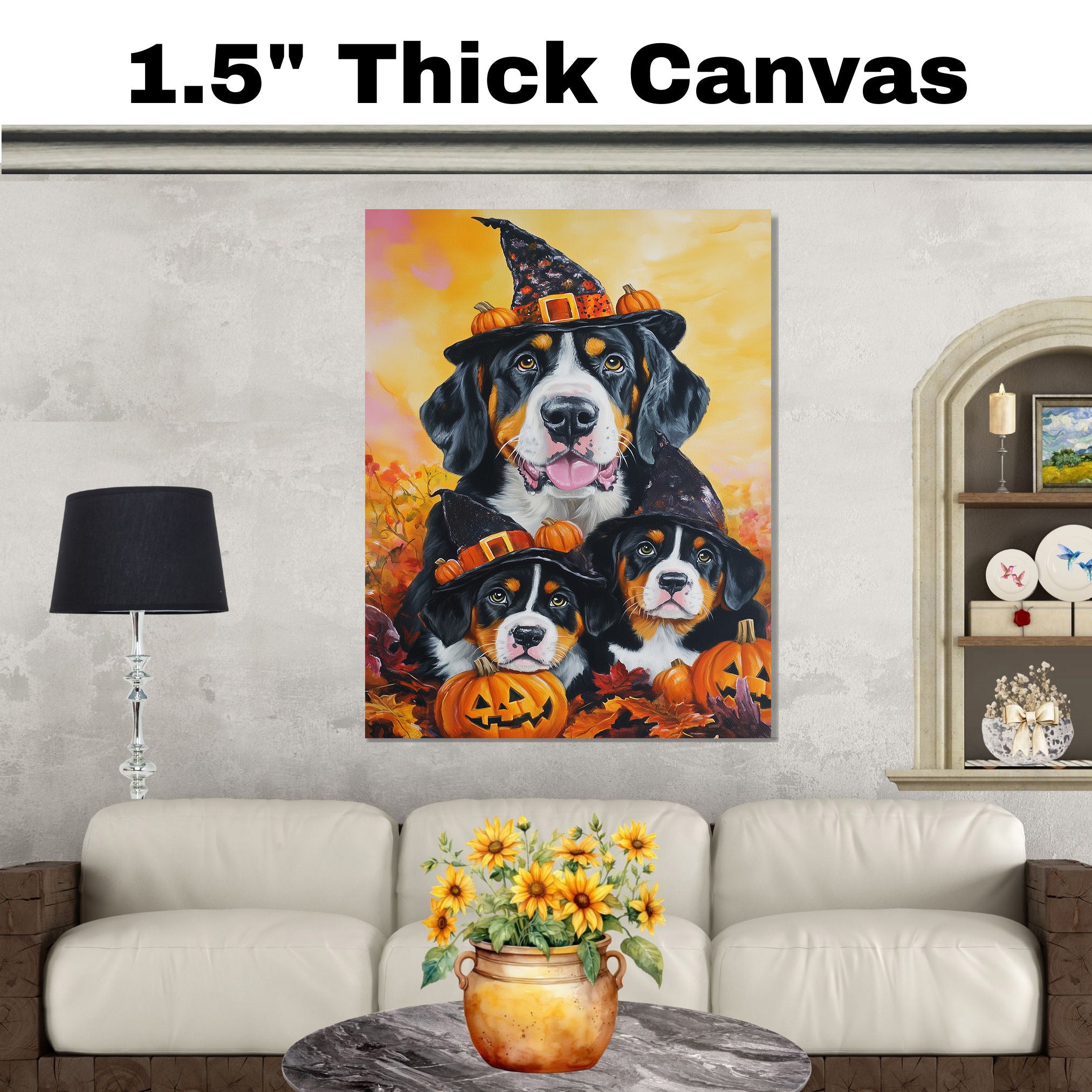 Greater Swiss Mountain Dog Halloween Canvas Wall Art with Pumpkins and Witch Hats Rustic Fall Farmhouse Decor on Ready to Hang 1.5" Thick Canvas Wrap, Floating Framed Canvas, Flat Rolled Canvas