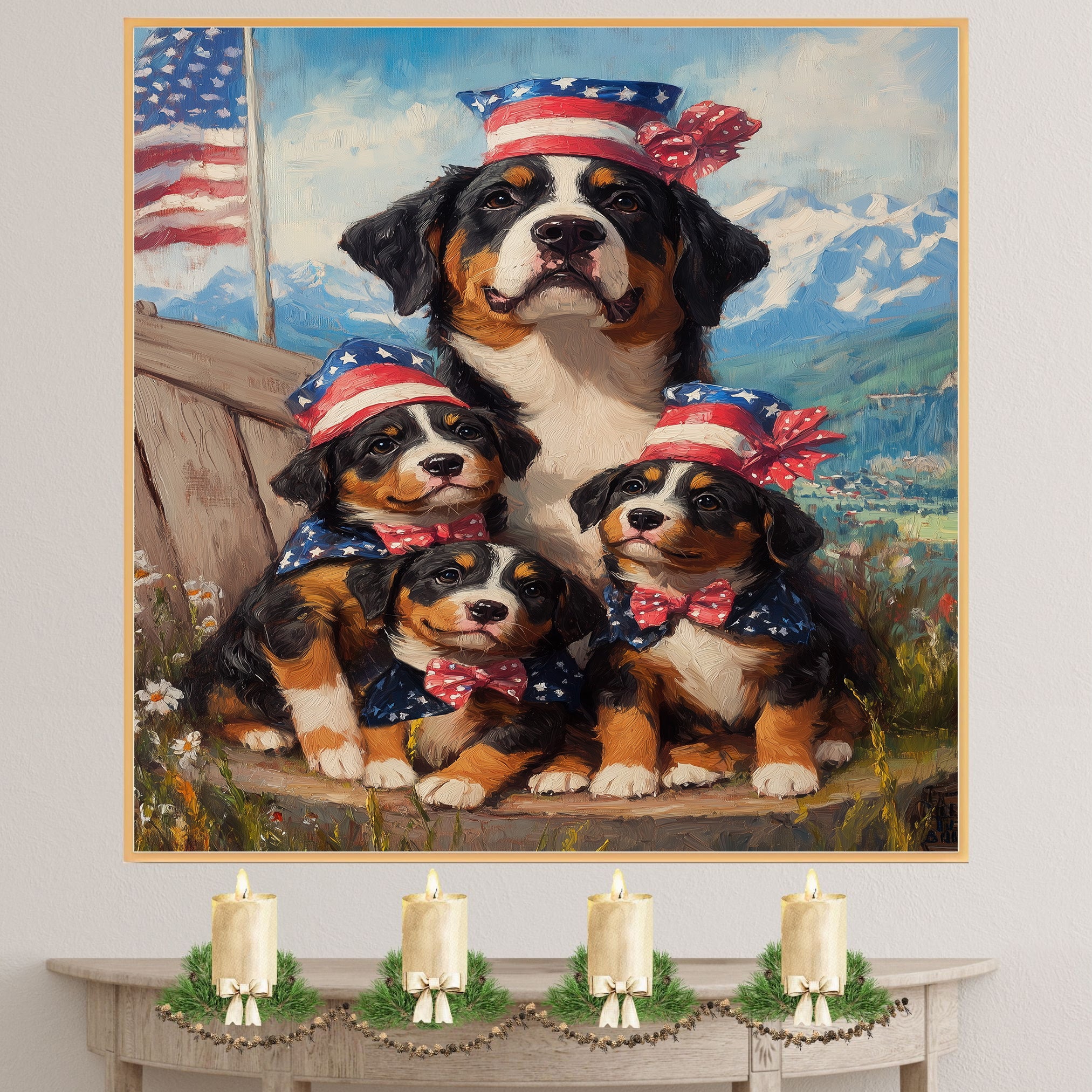 Mother Greater Swiss Mountain Dog and Three Puppies Wearing Patriotic Hats and Bows with American Flag and Mountain Backdrop on Ready to Hang 1.5" Thick Canvas Wrap, Floating Framed Canvas, Flat Rolled Canvas