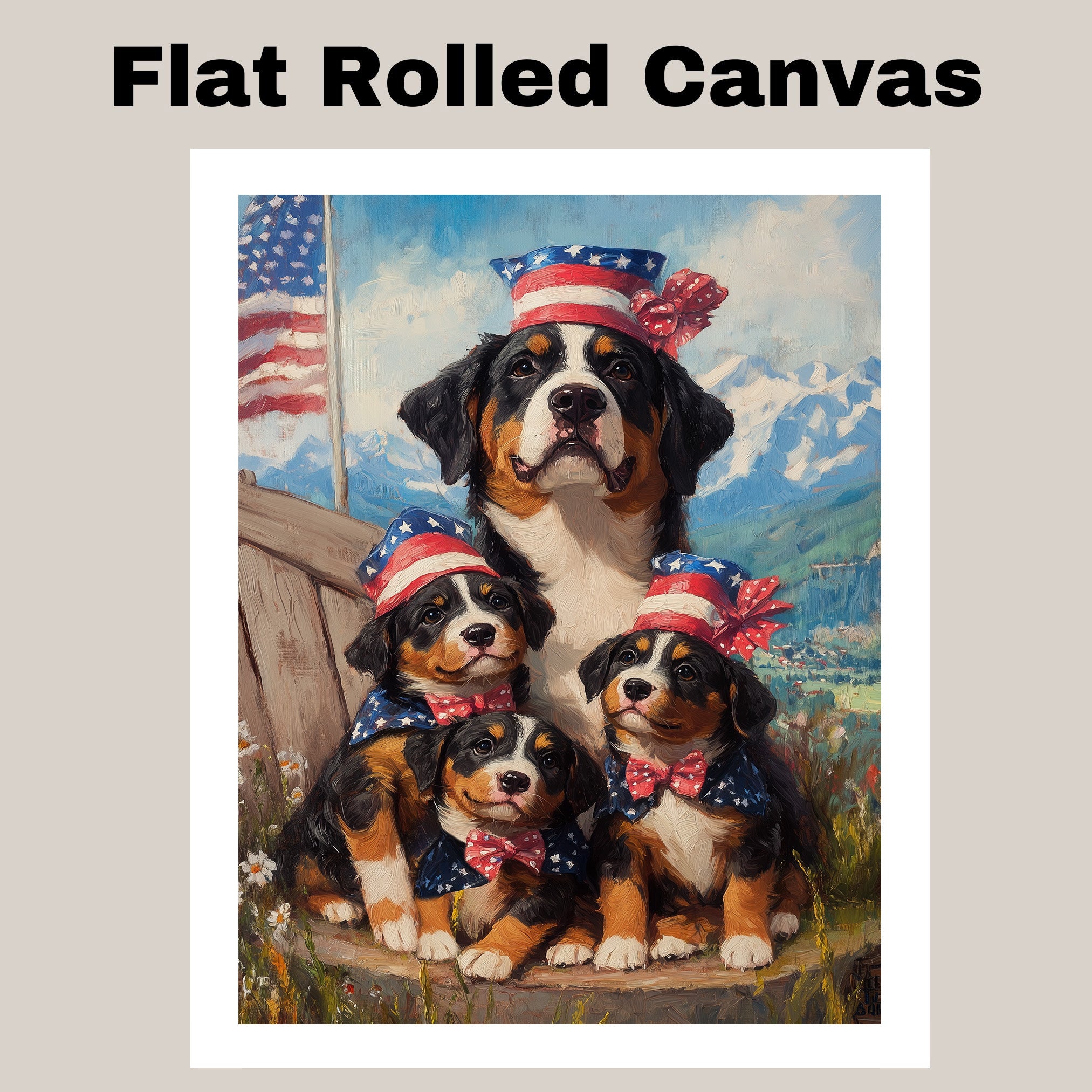 Mother Greater Swiss Mountain Dog and Three Puppies Wearing Patriotic Hats and Bows with American Flag and Mountain Backdrop on Ready to Hang 1.5" Thick Canvas Wrap, Floating Framed Canvas, Flat Rolled Canvas