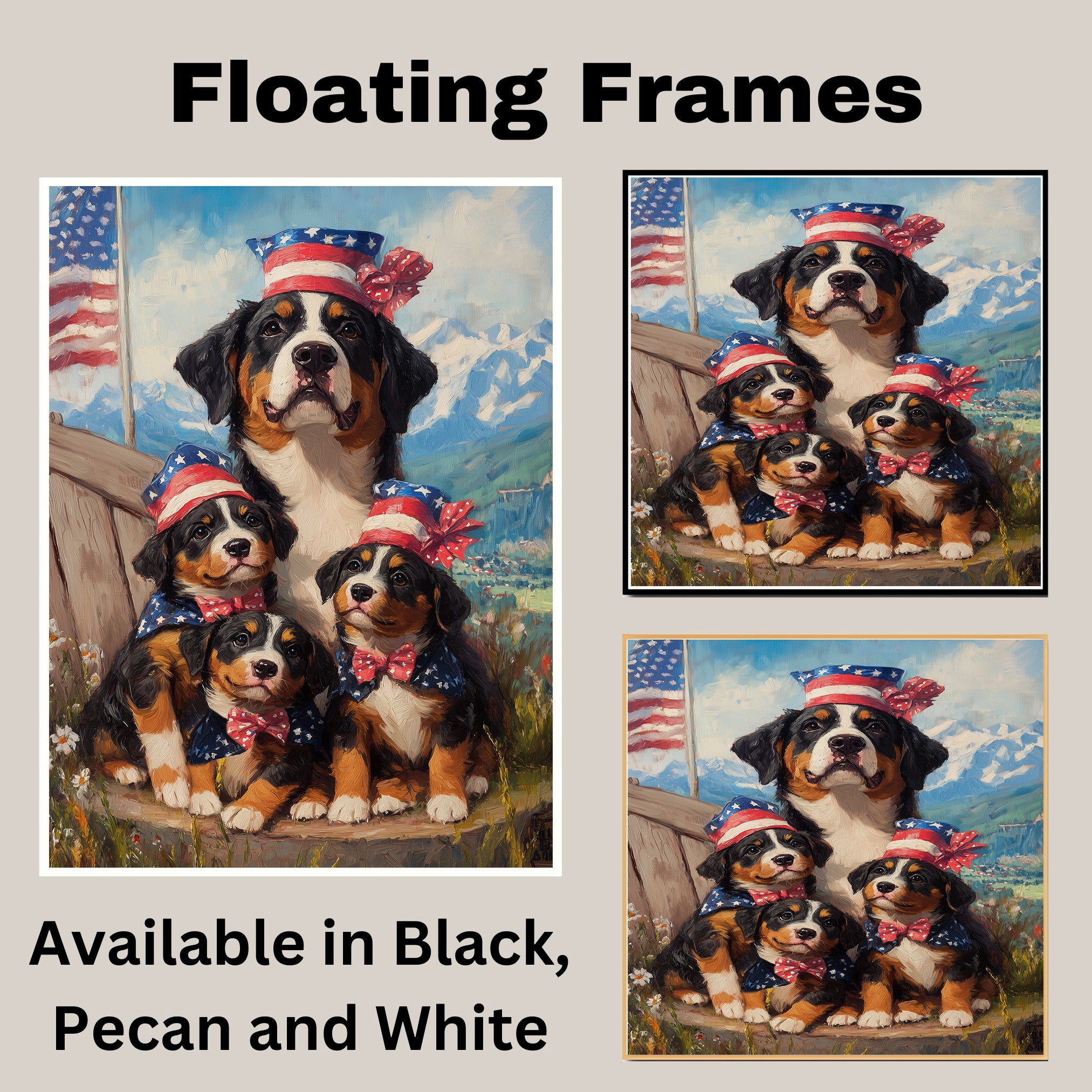Mother Greater Swiss Mountain Dog and Three Puppies Wearing Patriotic Hats and Bows with American Flag and Mountain Backdrop on Ready to Hang 1.5" Thick Canvas Wrap, Floating Framed Canvas, Flat Rolled Canvas