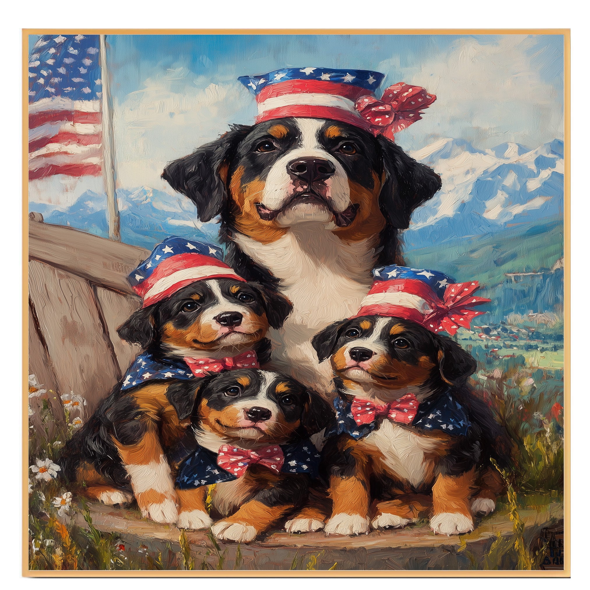 Mother Greater Swiss Mountain Dog and Three Puppies Wearing Patriotic Hats and Bows with American Flag and Mountain Backdrop on Ready to Hang 1.5" Thick Canvas Wrap, Floating Framed Canvas, Flat Rolled Canvas