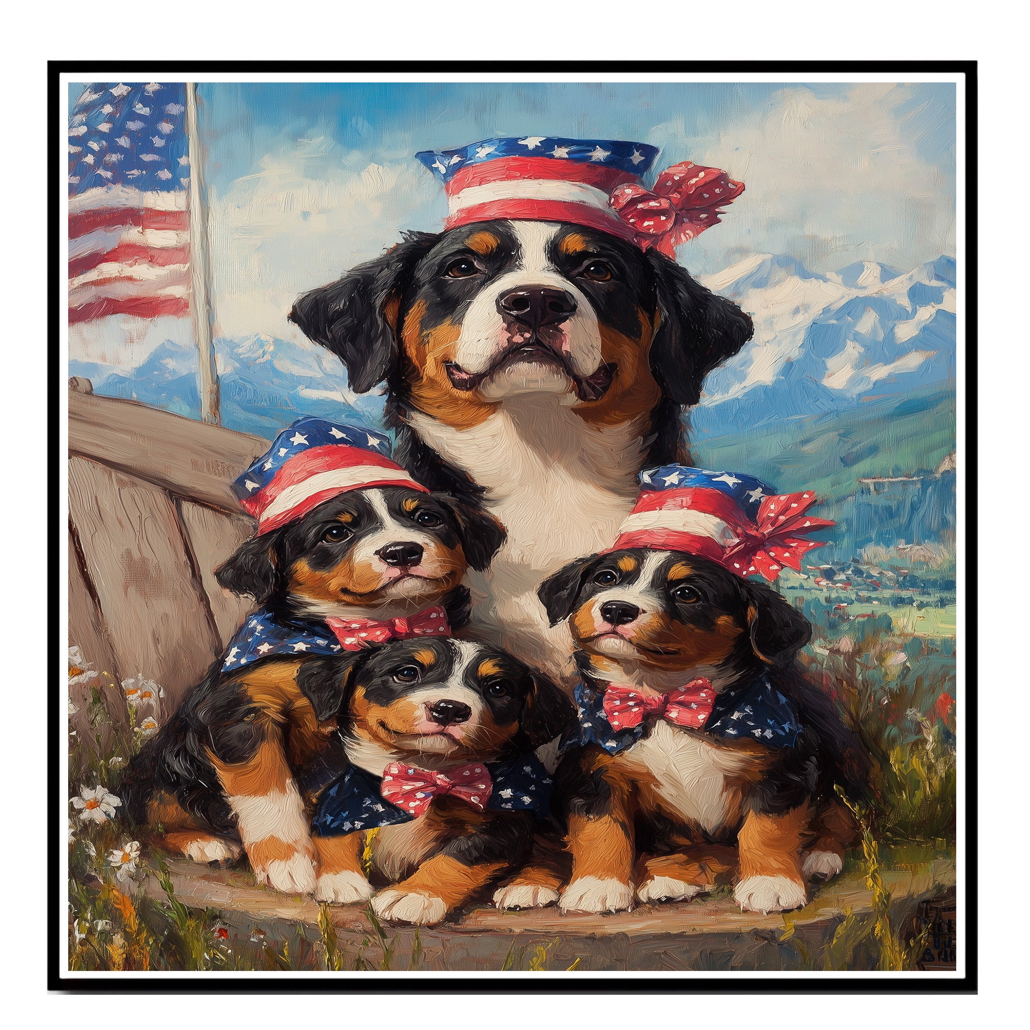 Mother Greater Swiss Mountain Dog and Three Puppies Wearing Patriotic Hats and Bows with American Flag and Mountain Backdrop on Ready to Hang 1.5" Thick Canvas Wrap, Floating Framed Canvas, Flat Rolled Canvas