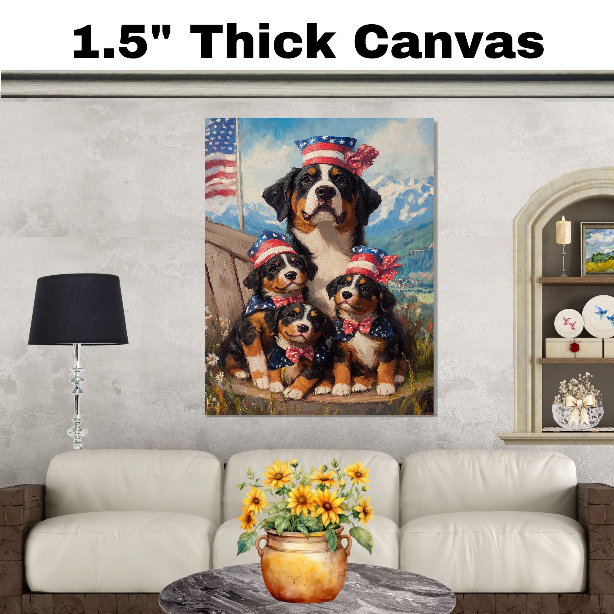 Mother Greater Swiss Mountain Dog and Three Puppies Wearing Patriotic Hats and Bows with American Flag and Mountain Backdrop on Ready to Hang 1.5" Thick Canvas Wrap, Floating Framed Canvas, Flat Rolled Canvas