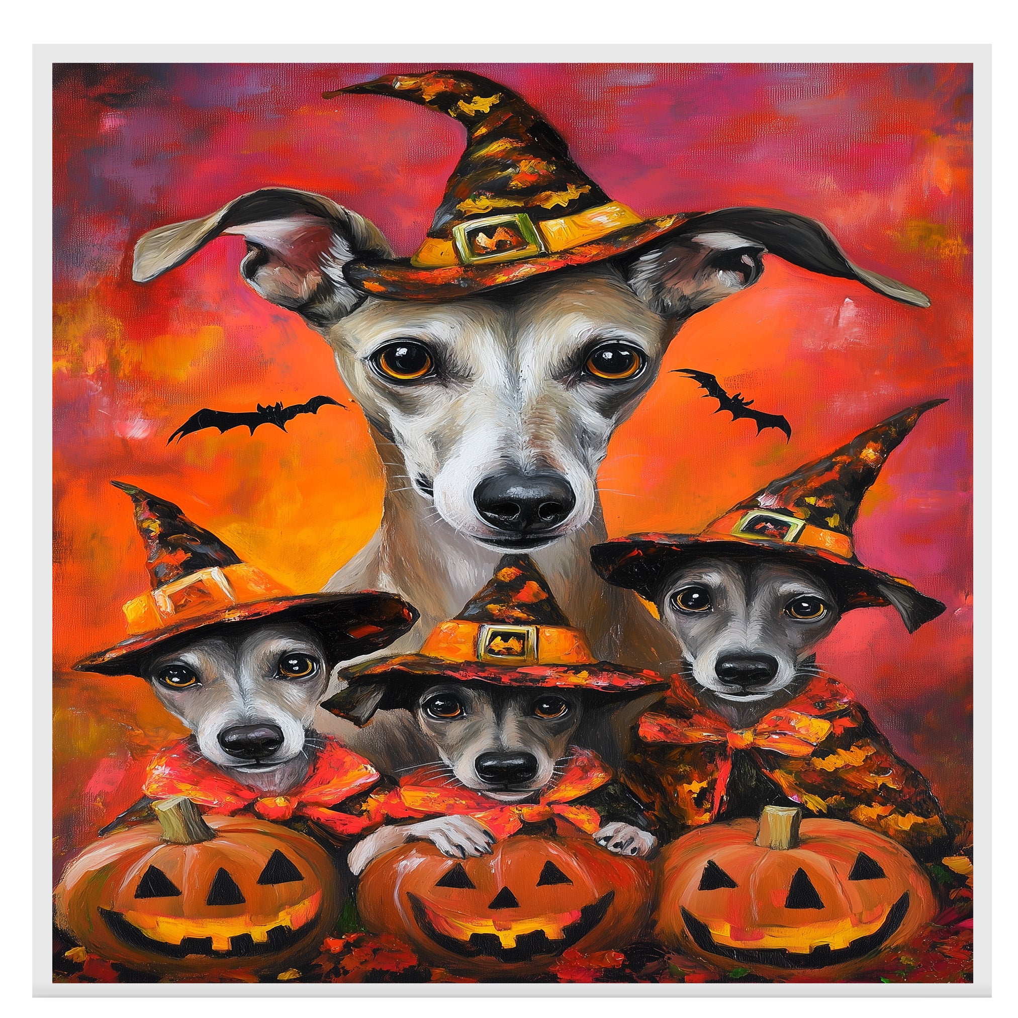 Greyhound Dog Halloween Canvas Wall Art with Pumpkins and Witch Hat Rustic Fall Farmhouse Decor on Ready to Hang 1.5" Thick Canvas Wrap, Floating Framed Canvas, Flat Rolled Canvas