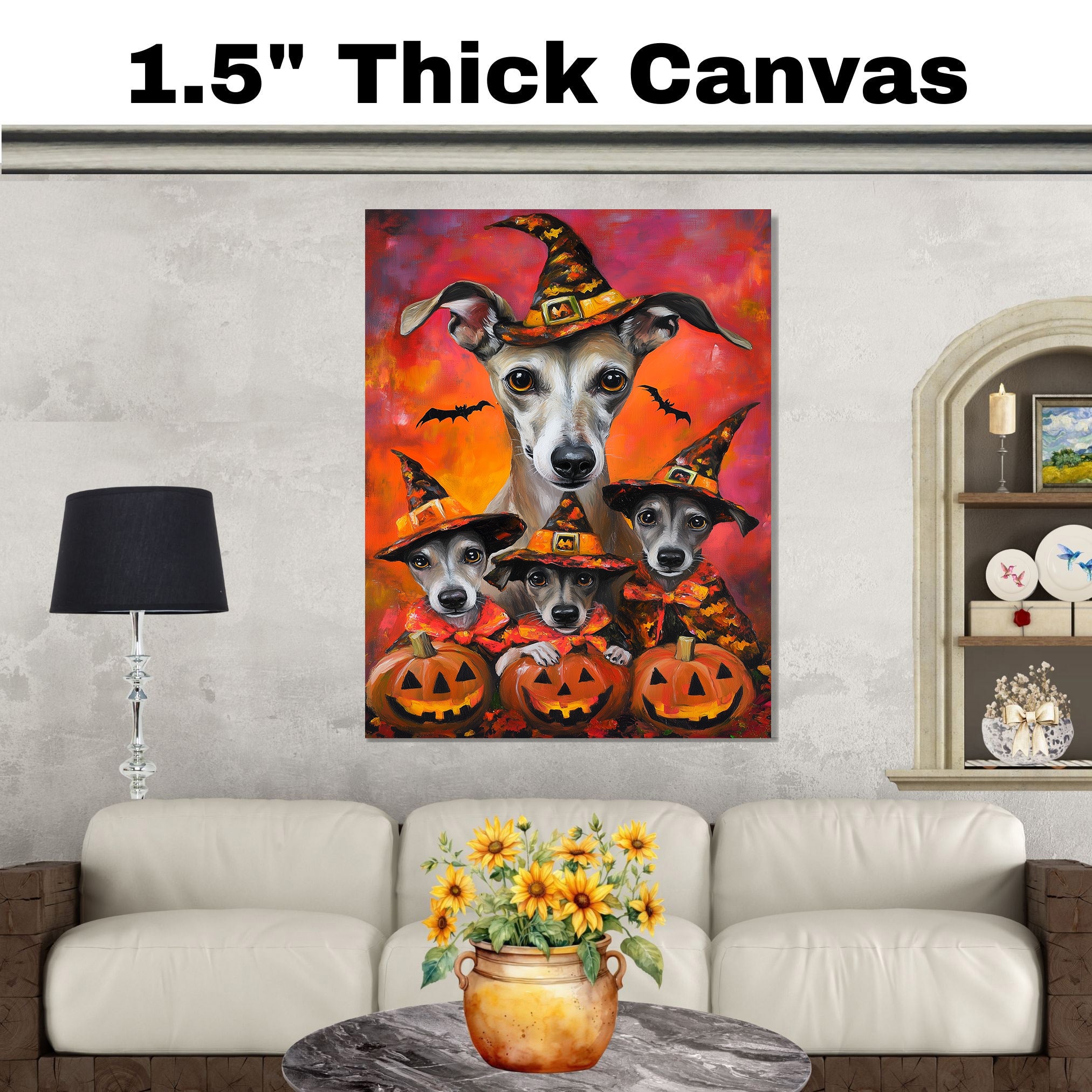 Greyhound Dog Halloween Canvas Wall Art with Pumpkins and Witch Hat Rustic Fall Farmhouse Decor on Ready to Hang 1.5" Thick Canvas Wrap, Floating Framed Canvas, Flat Rolled Canvas