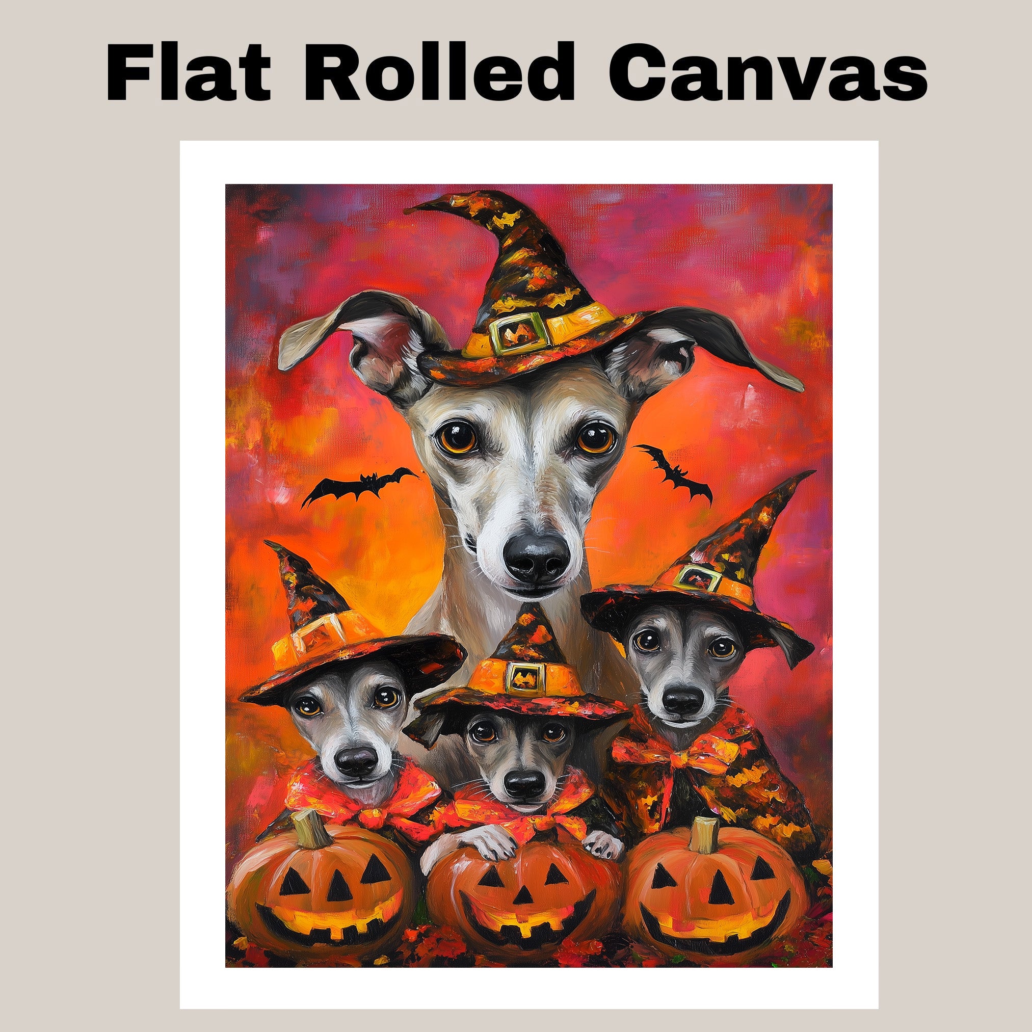Greyhound Dog Halloween Canvas Wall Art with Pumpkins and Witch Hat Rustic Fall Farmhouse Decor on Ready to Hang 1.5" Thick Canvas Wrap, Floating Framed Canvas, Flat Rolled Canvas