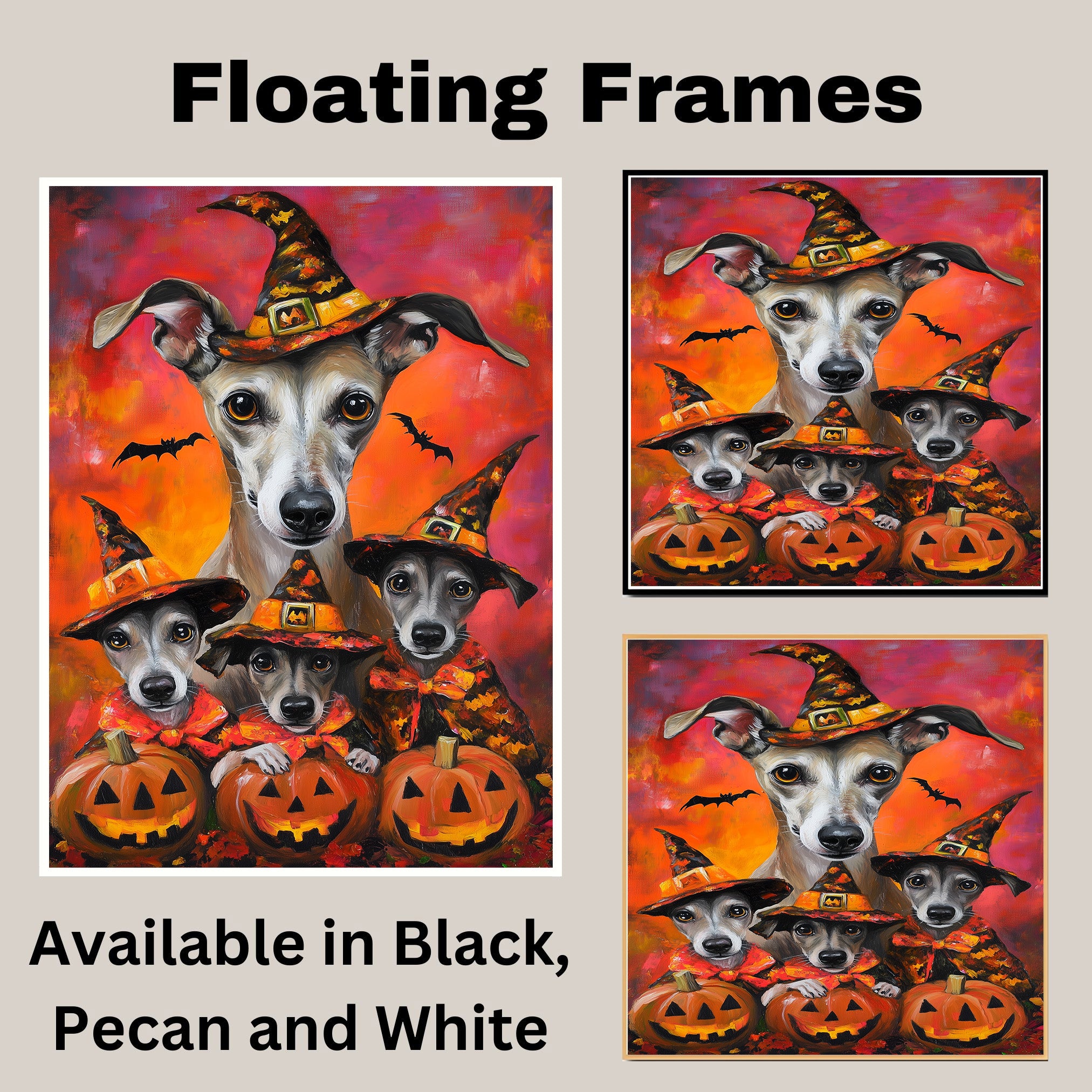 Greyhound Dog Halloween Canvas Wall Art with Pumpkins and Witch Hat Rustic Fall Farmhouse Decor on Ready to Hang 1.5" Thick Canvas Wrap, Floating Framed Canvas, Flat Rolled Canvas