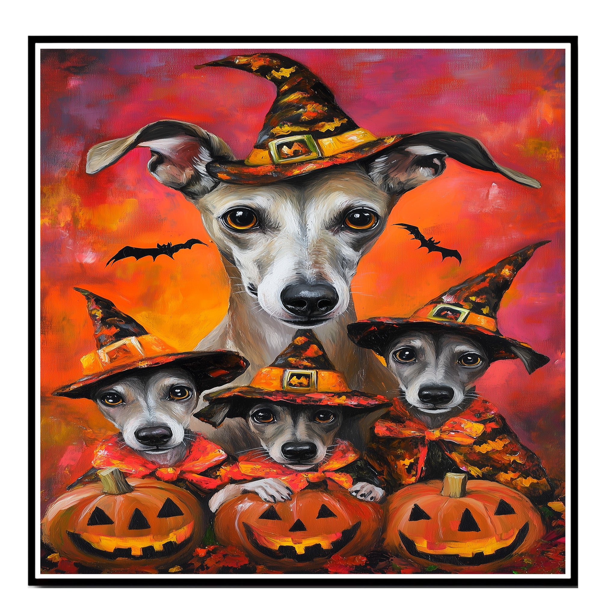 Greyhound Dog Halloween Canvas Wall Art with Pumpkins and Witch Hat Rustic Fall Farmhouse Decor on Ready to Hang 1.5" Thick Canvas Wrap, Floating Framed Canvas, Flat Rolled Canvas