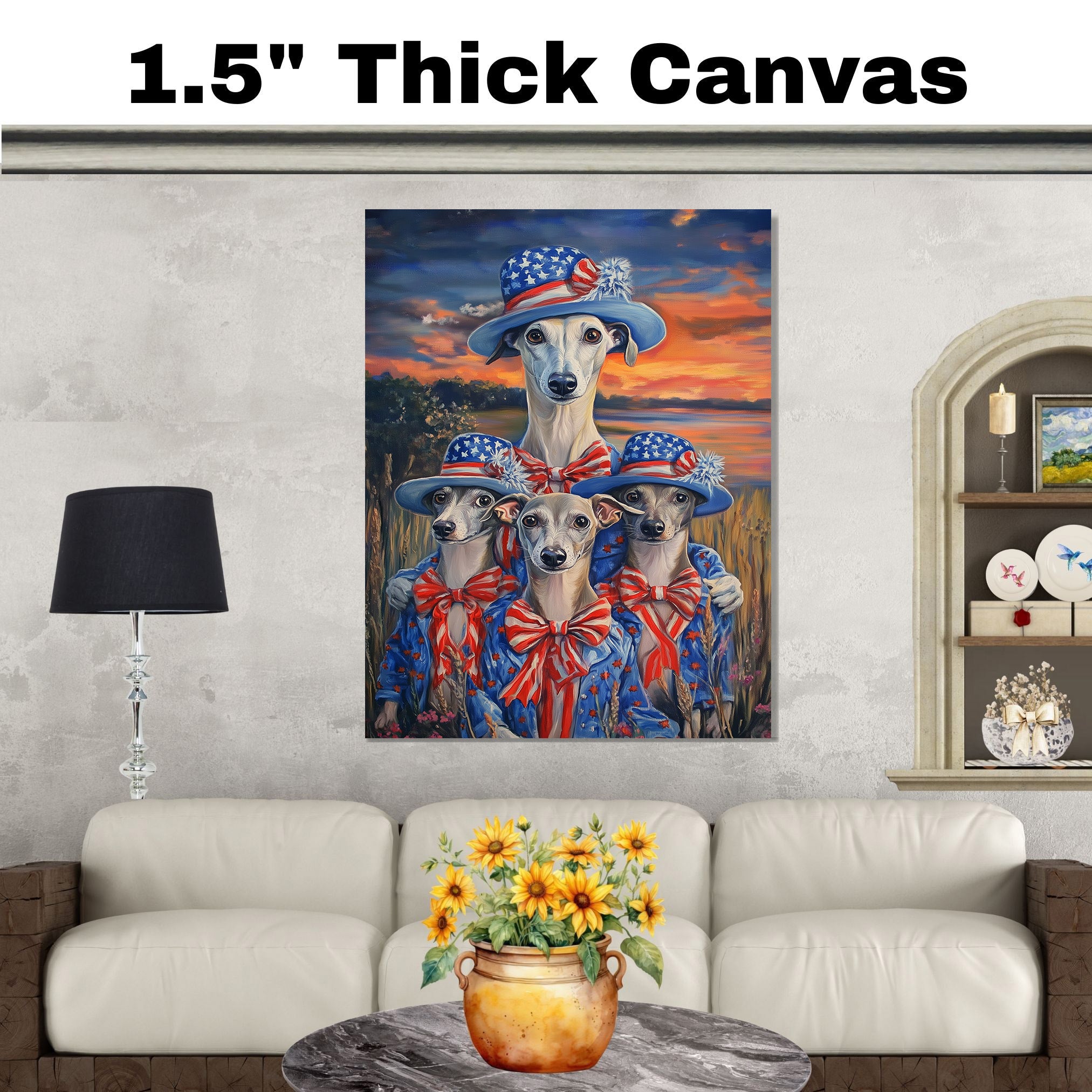 Mother Greyhound Dog and Three Puppies Wearing Patriotic Outfits and Hats with Sunset and Field Background on Ready to Hang 1.5" Thick Canvas Wrap, Floating Framed Canvas, Flat Rolled Canvas