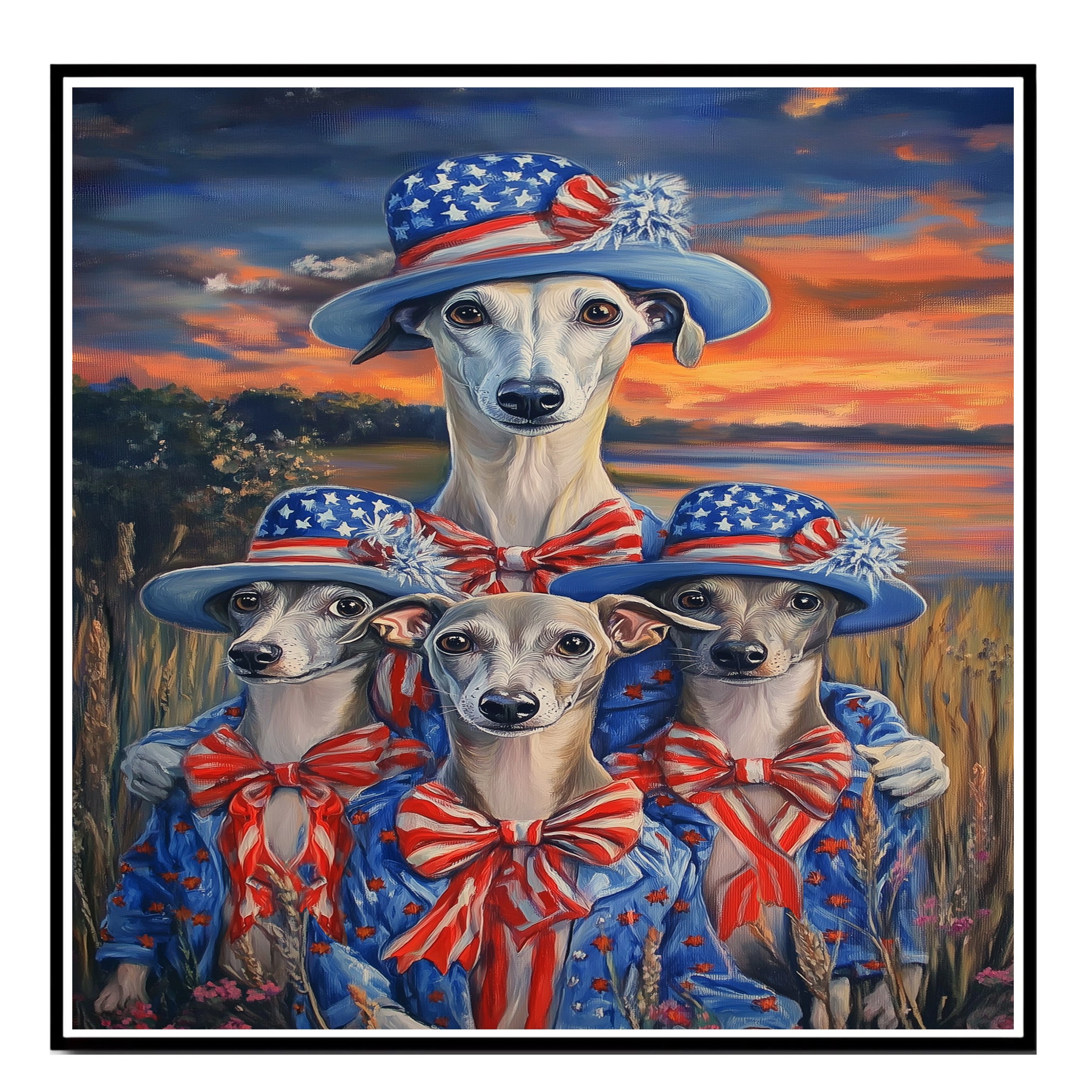 Mother Greyhound Dog and Three Puppies Wearing Patriotic Outfits and Hats with Sunset and Field Background on Ready to Hang 1.5" Thick Canvas Wrap, Floating Framed Canvas, Flat Rolled Canvas