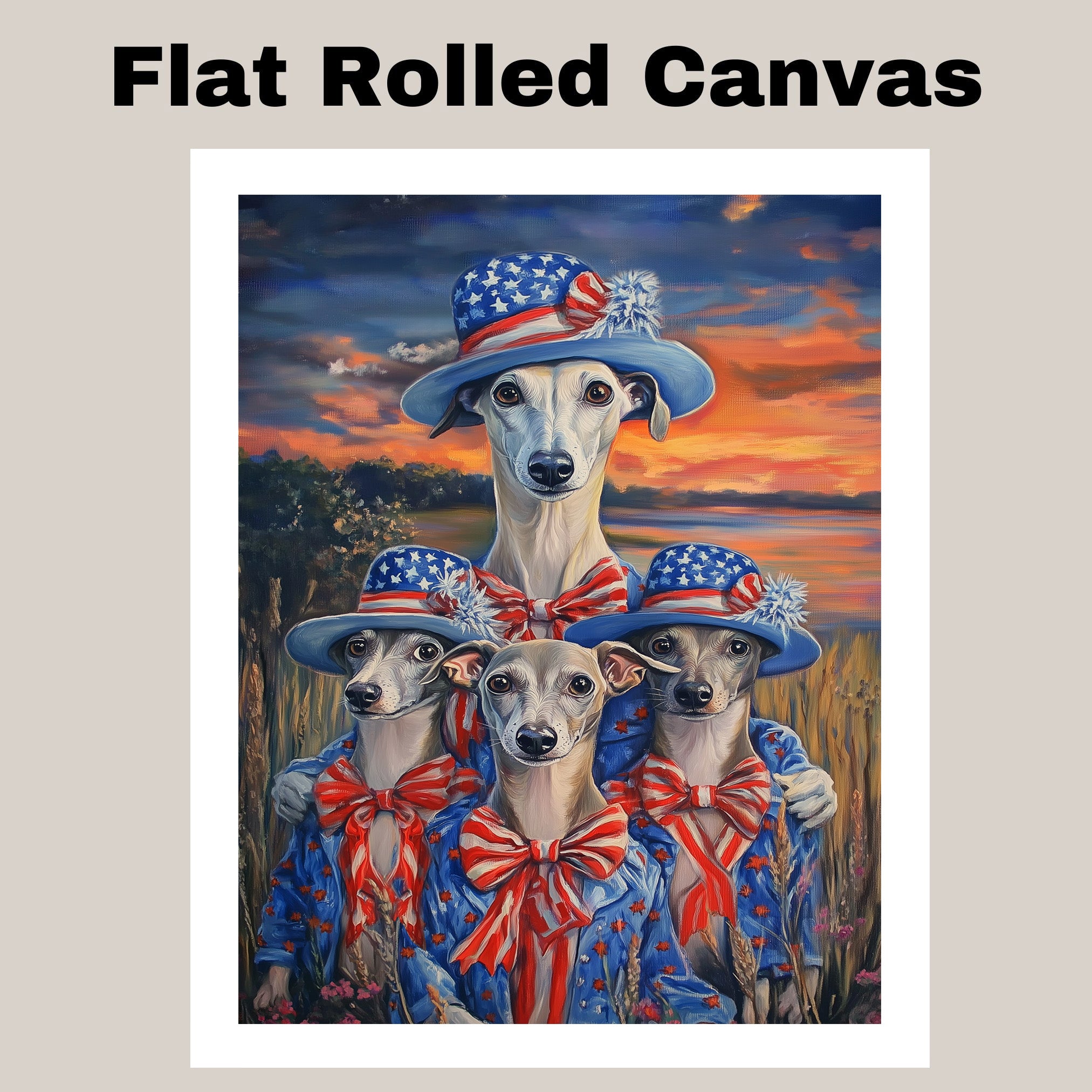 Mother Greyhound Dog and Three Puppies Wearing Patriotic Outfits and Hats with Sunset and Field Background on Ready to Hang 1.5" Thick Canvas Wrap, Floating Framed Canvas, Flat Rolled Canvas