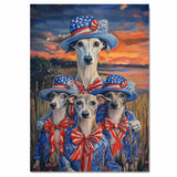 Mother Greyhound Dog and Three Puppies Wearing Patriotic Outfits and Hats with Sunset and Field Background on Ready to Hang 1.5" Thick Canvas Wrap, Floating Framed Canvas, Flat Rolled Canvas
