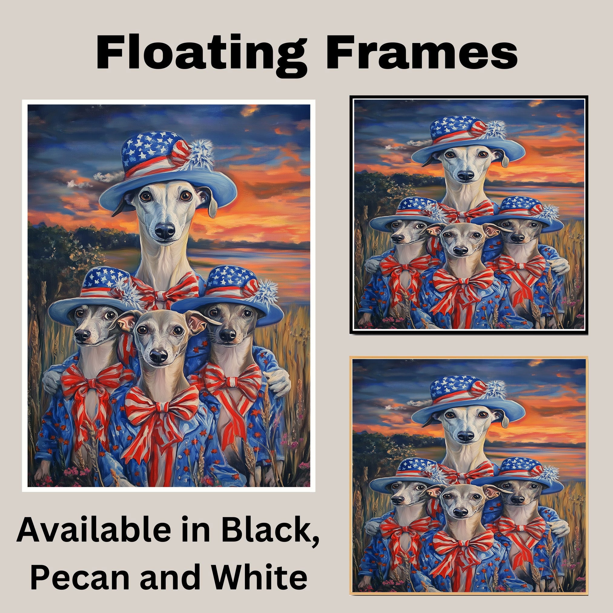 Mother Greyhound Dog and Three Puppies Wearing Patriotic Outfits and Hats with Sunset and Field Background on Ready to Hang 1.5" Thick Canvas Wrap, Floating Framed Canvas, Flat Rolled Canvas