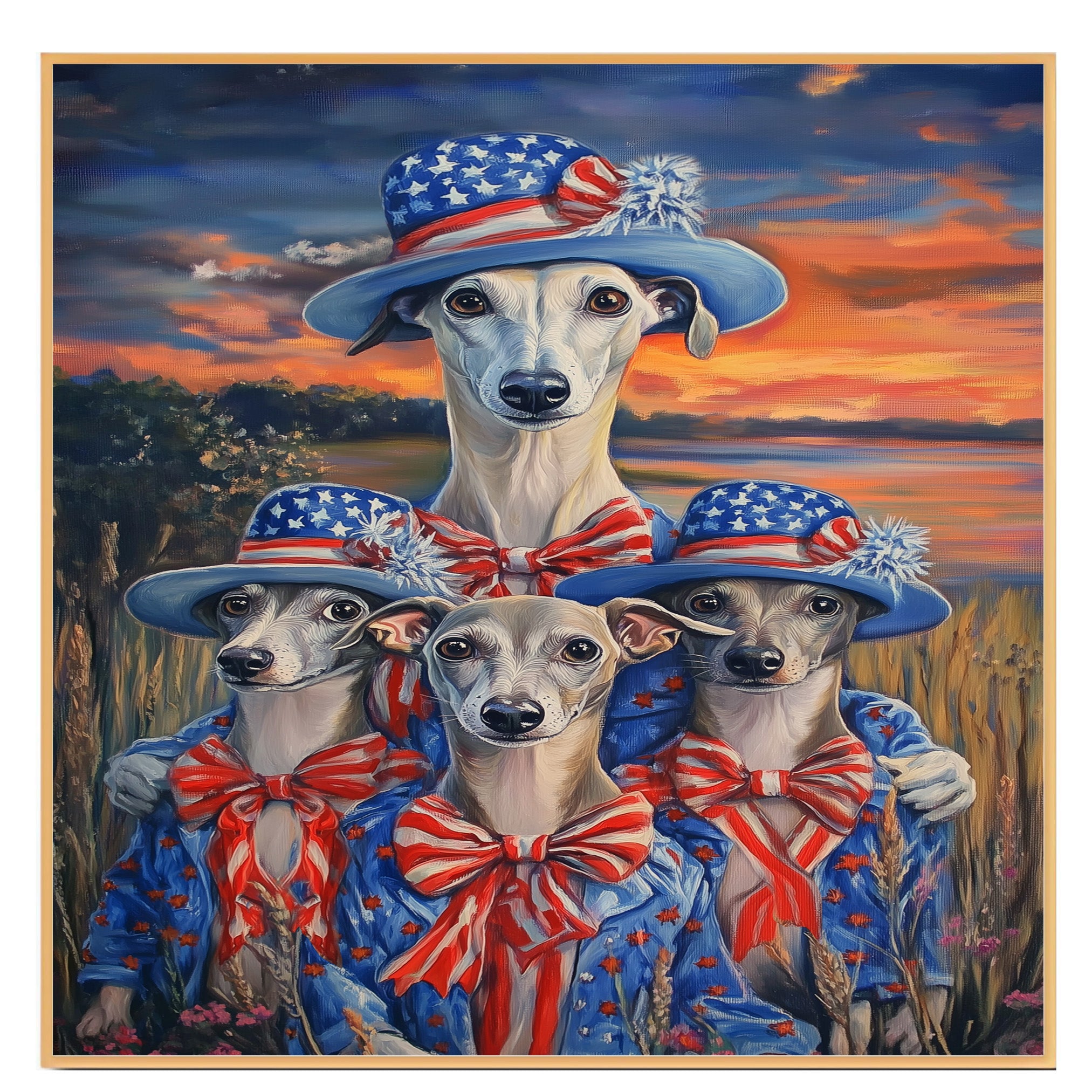 Mother Greyhound Dog and Three Puppies Wearing Patriotic Outfits and Hats with Sunset and Field Background on Ready to Hang 1.5" Thick Canvas Wrap, Floating Framed Canvas, Flat Rolled Canvas