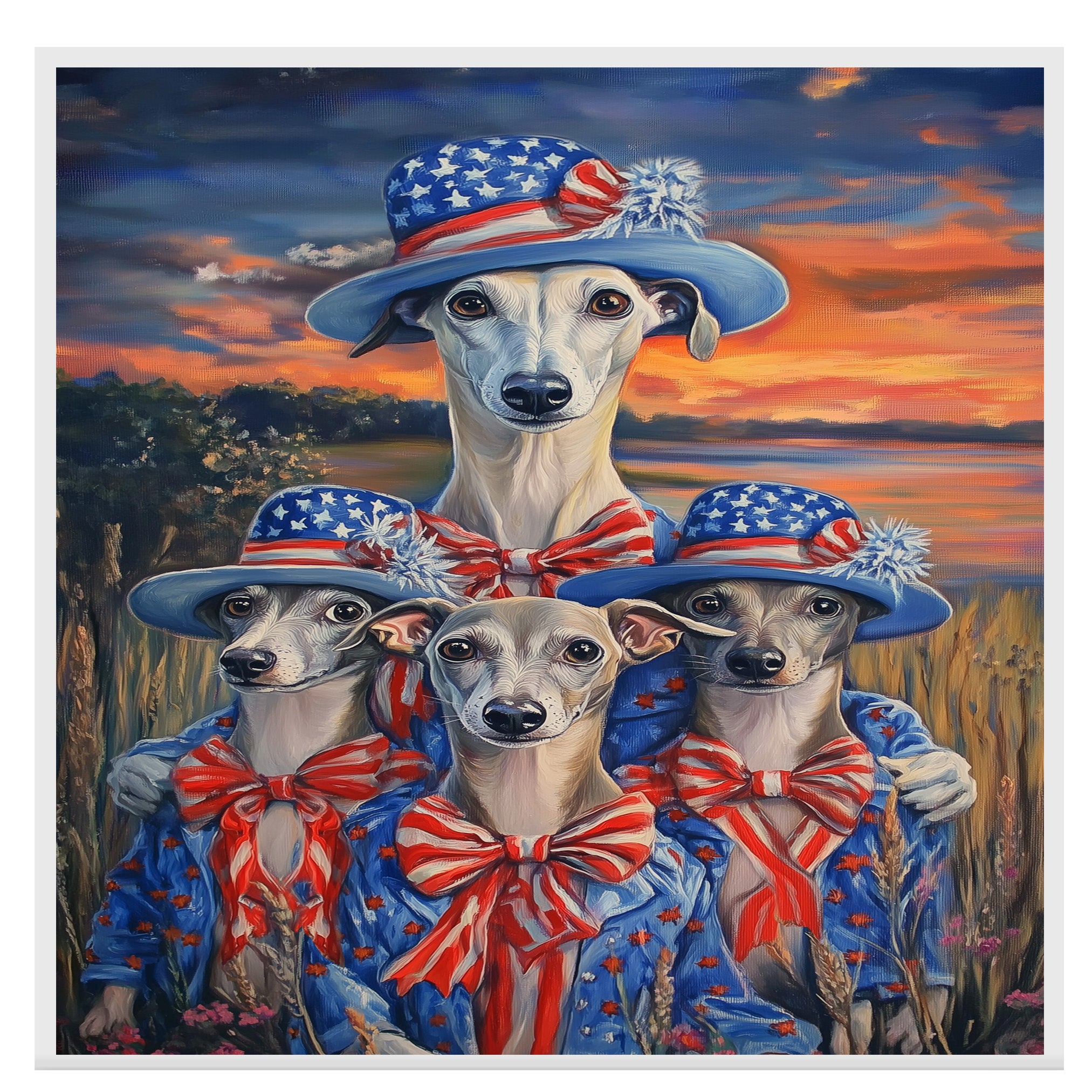 Mother Greyhound Dog and Three Puppies Wearing Patriotic Outfits and Hats with Sunset and Field Background on Ready to Hang 1.5" Thick Canvas Wrap, Floating Framed Canvas, Flat Rolled Canvas