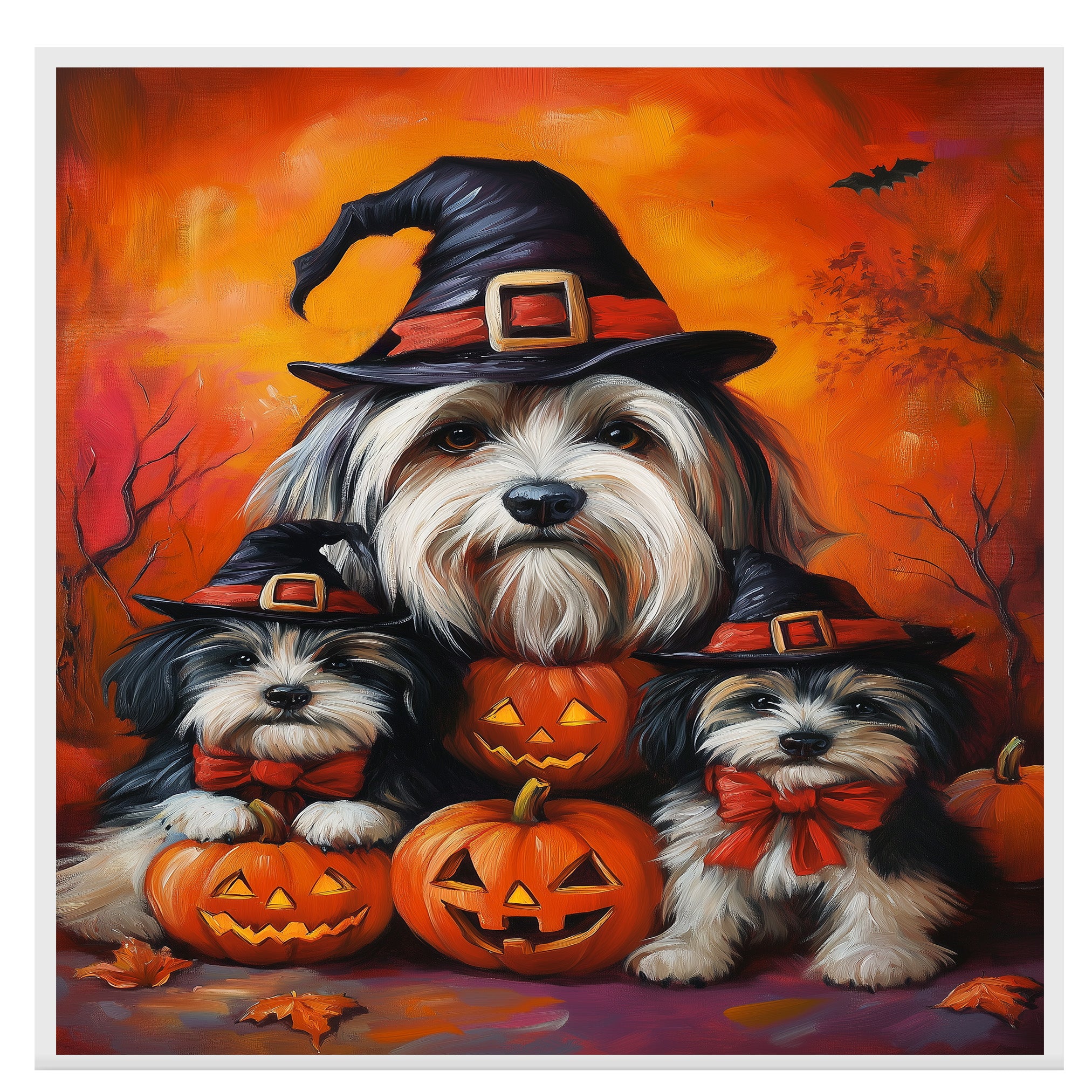 Havanese Dog Halloween Canvas Wall Art with Pumpkins Rustic Fall Farmhouse Decor for Cozy Autumn Homes on Ready to Hang 1.5" Thick Canvas Wrap, Floating Framed Canvas, Flat Rolled Canvas