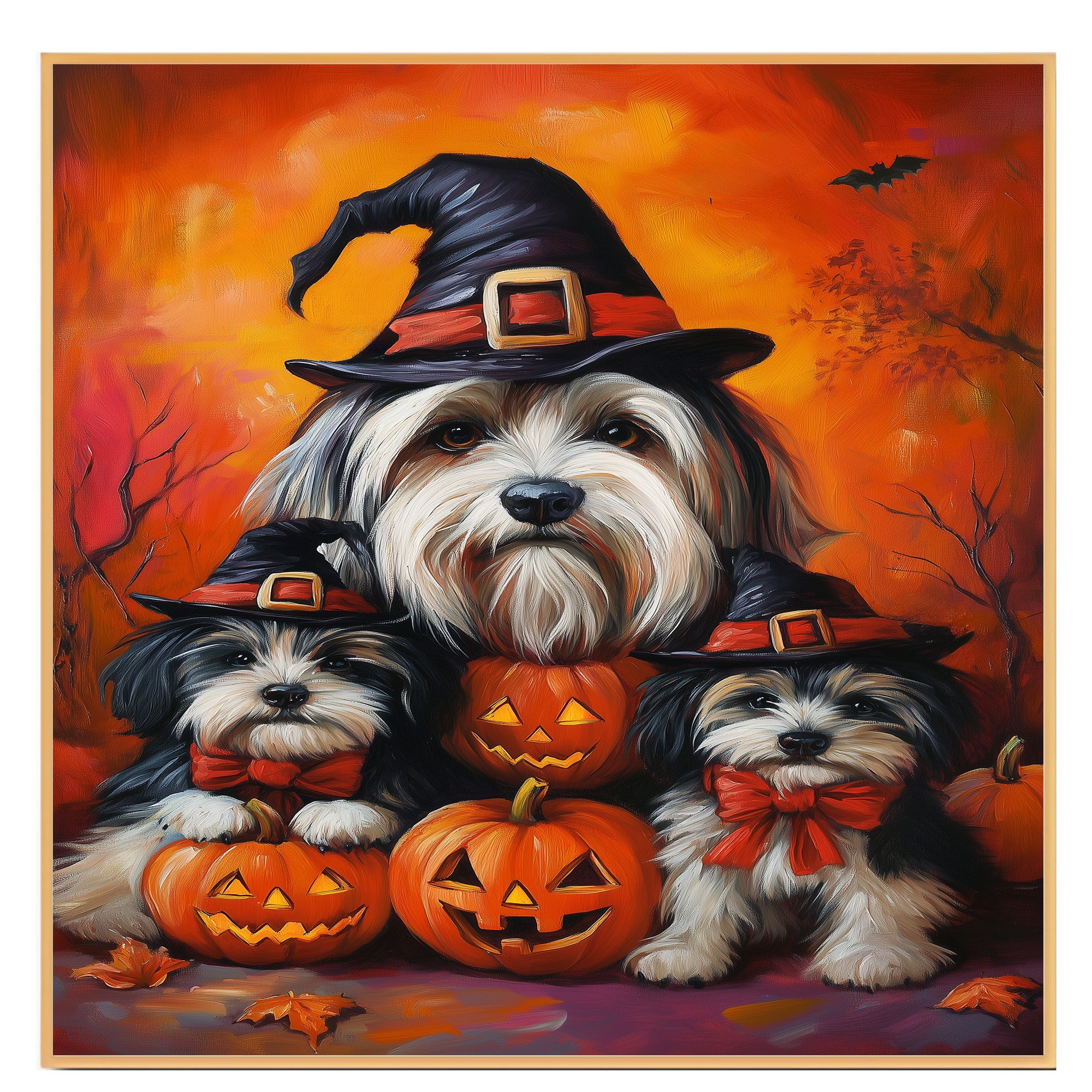 Havanese Dog Halloween Canvas Wall Art with Pumpkins Rustic Fall Farmhouse Decor for Cozy Autumn Homes on Ready to Hang 1.5" Thick Canvas Wrap, Floating Framed Canvas, Flat Rolled Canvas