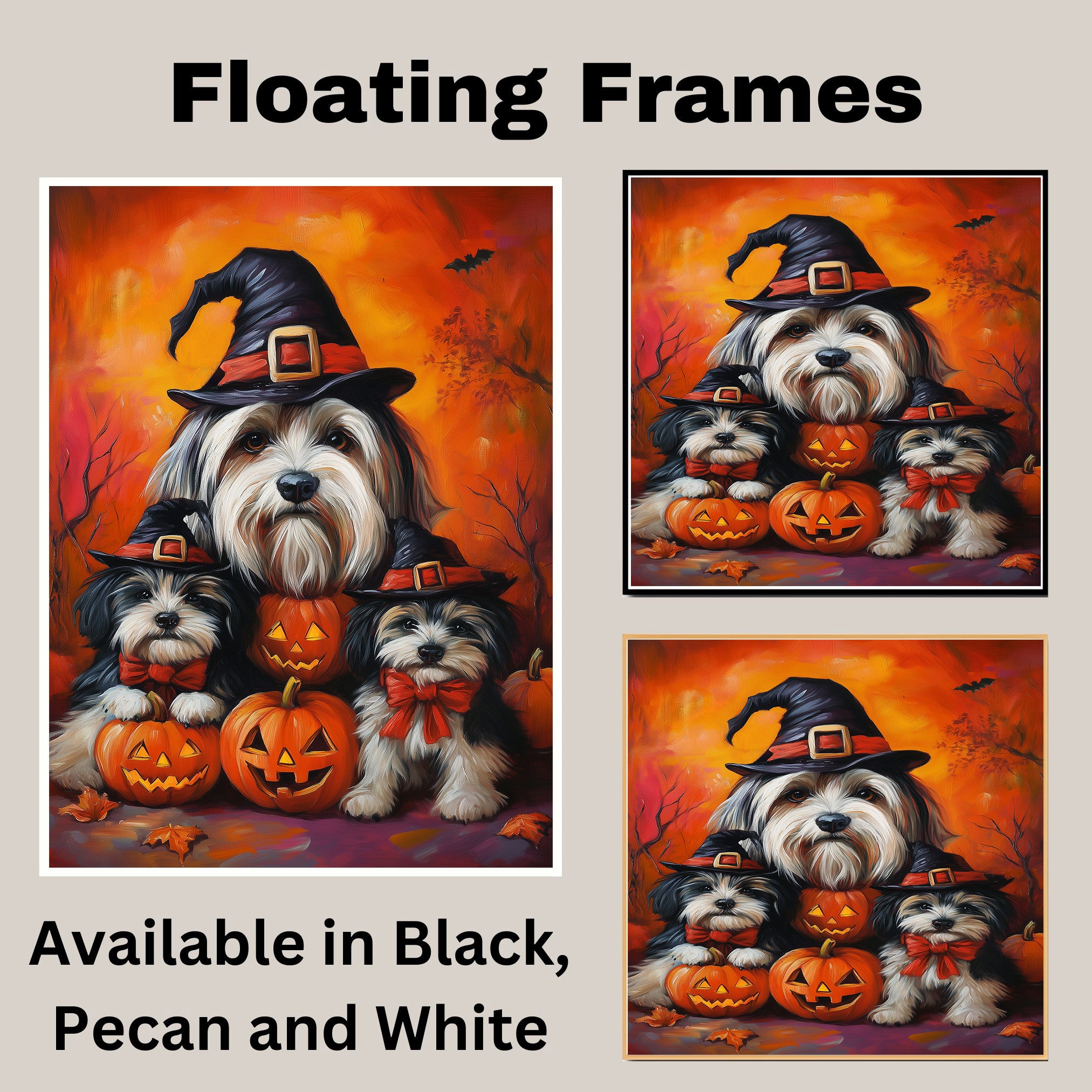 Havanese Dog Halloween Canvas Wall Art with Pumpkins Rustic Fall Farmhouse Decor for Cozy Autumn Homes on Ready to Hang 1.5" Thick Canvas Wrap, Floating Framed Canvas, Flat Rolled Canvas