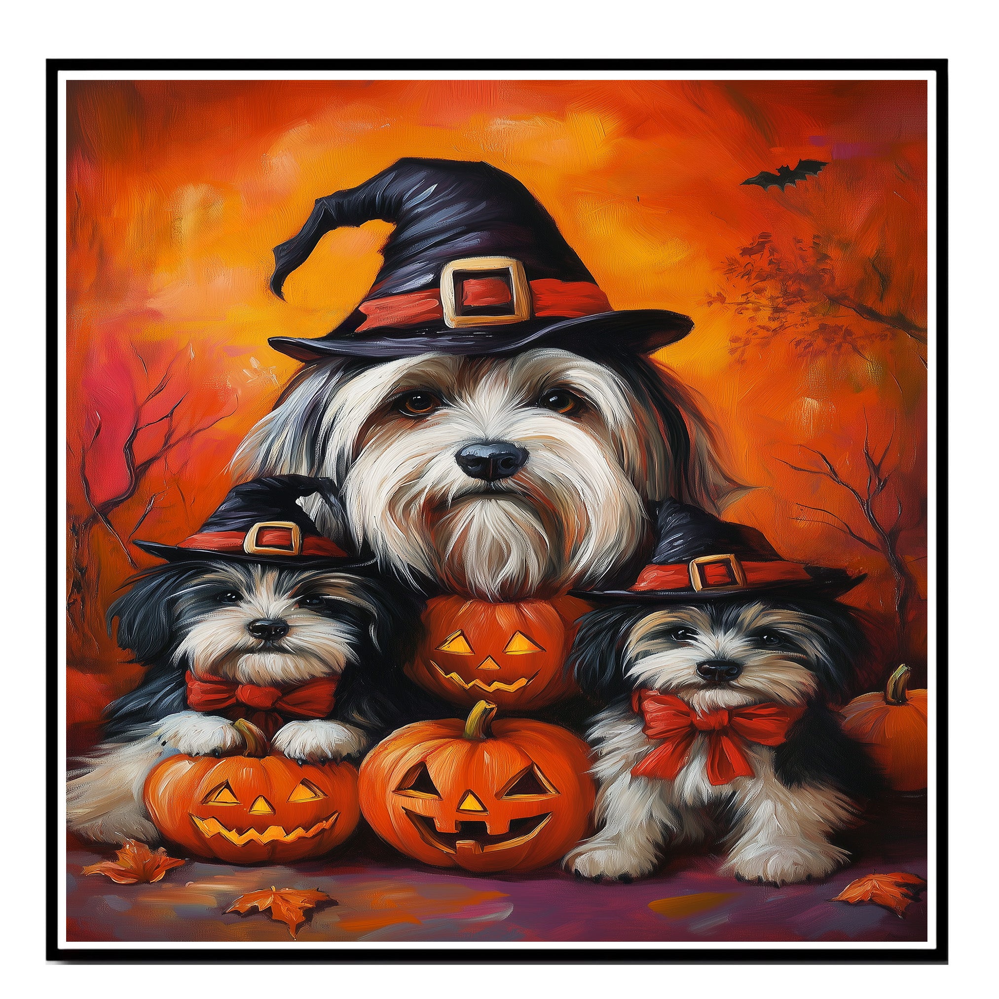 Havanese Dog Halloween Canvas Wall Art with Pumpkins Rustic Fall Farmhouse Decor for Cozy Autumn Homes on Ready to Hang 1.5" Thick Canvas Wrap, Floating Framed Canvas, Flat Rolled Canvas