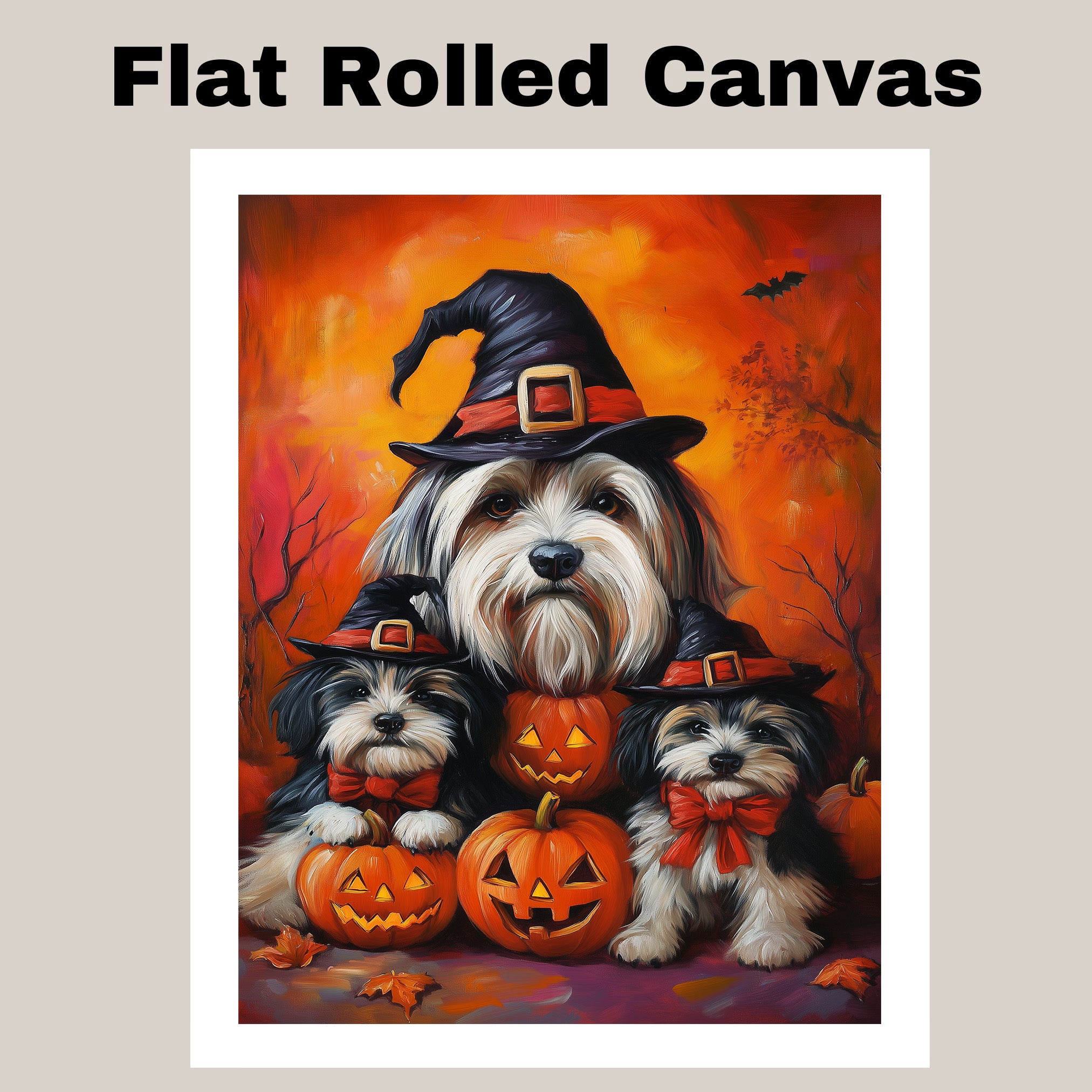 Havanese Dog Halloween Canvas Wall Art with Pumpkins Rustic Fall Farmhouse Decor for Cozy Autumn Homes on Ready to Hang 1.5" Thick Canvas Wrap, Floating Framed Canvas, Flat Rolled Canvas
