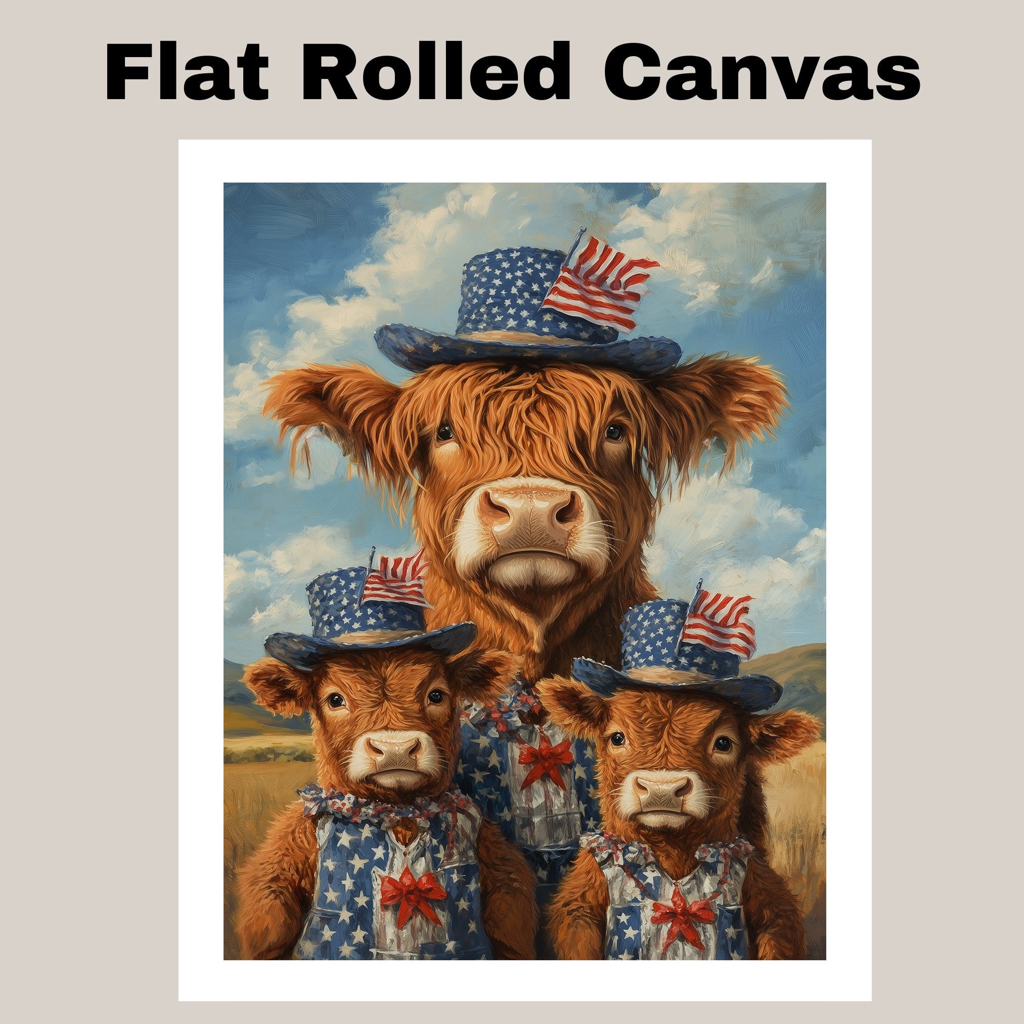 Mother Highland Cow and Three Calves in Patriotic Outfits and Hats with American Flags in a Field Scene on Ready to Hang 1.5" Thick Canvas Wrap, Floating Framed Canvas, Flat Rolled Canvas