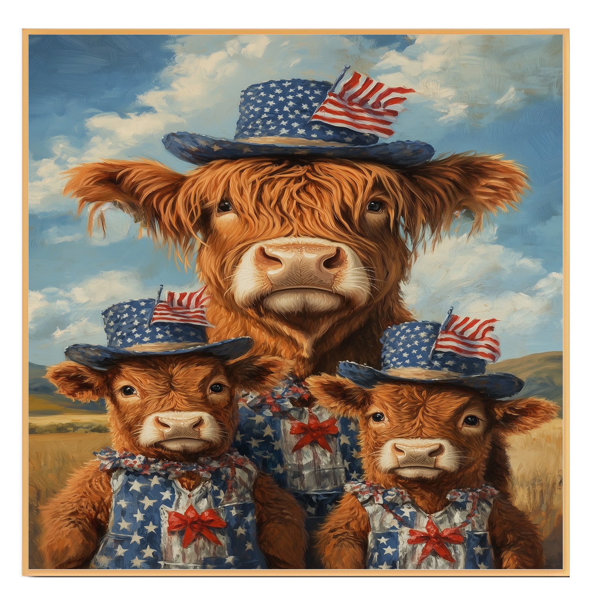 Mother Highland Cow and Three Calves in Patriotic Outfits and Hats with American Flags in a Field Scene on Ready to Hang 1.5" Thick Canvas Wrap, Floating Framed Canvas, Flat Rolled Canvas