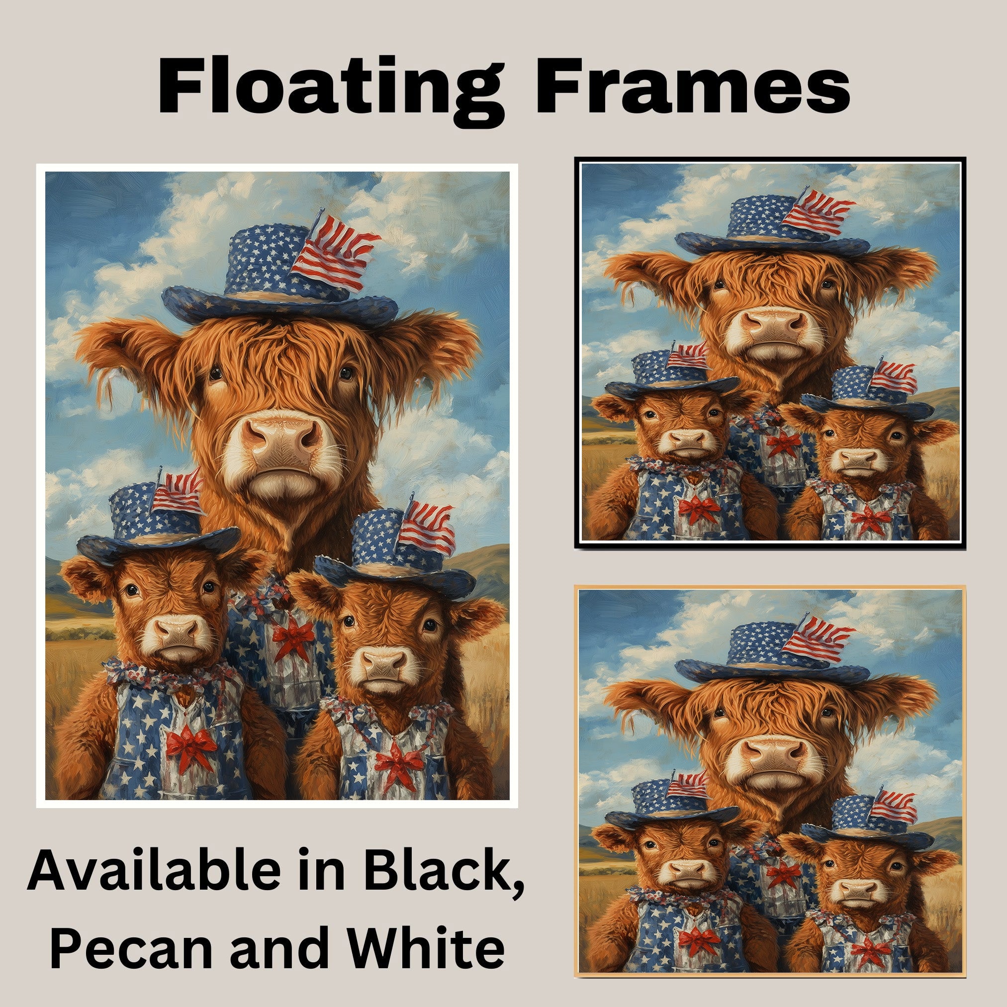 Mother Highland Cow and Three Calves in Patriotic Outfits and Hats with American Flags in a Field Scene on Ready to Hang 1.5" Thick Canvas Wrap, Floating Framed Canvas, Flat Rolled Canvas