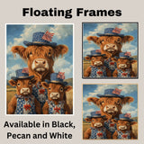 Mother Highland Cow and Three Calves in Patriotic Outfits and Hats with American Flags in a Field Scene on Ready to Hang 1.5" Thick Canvas Wrap, Floating Framed Canvas, Flat Rolled Canvas