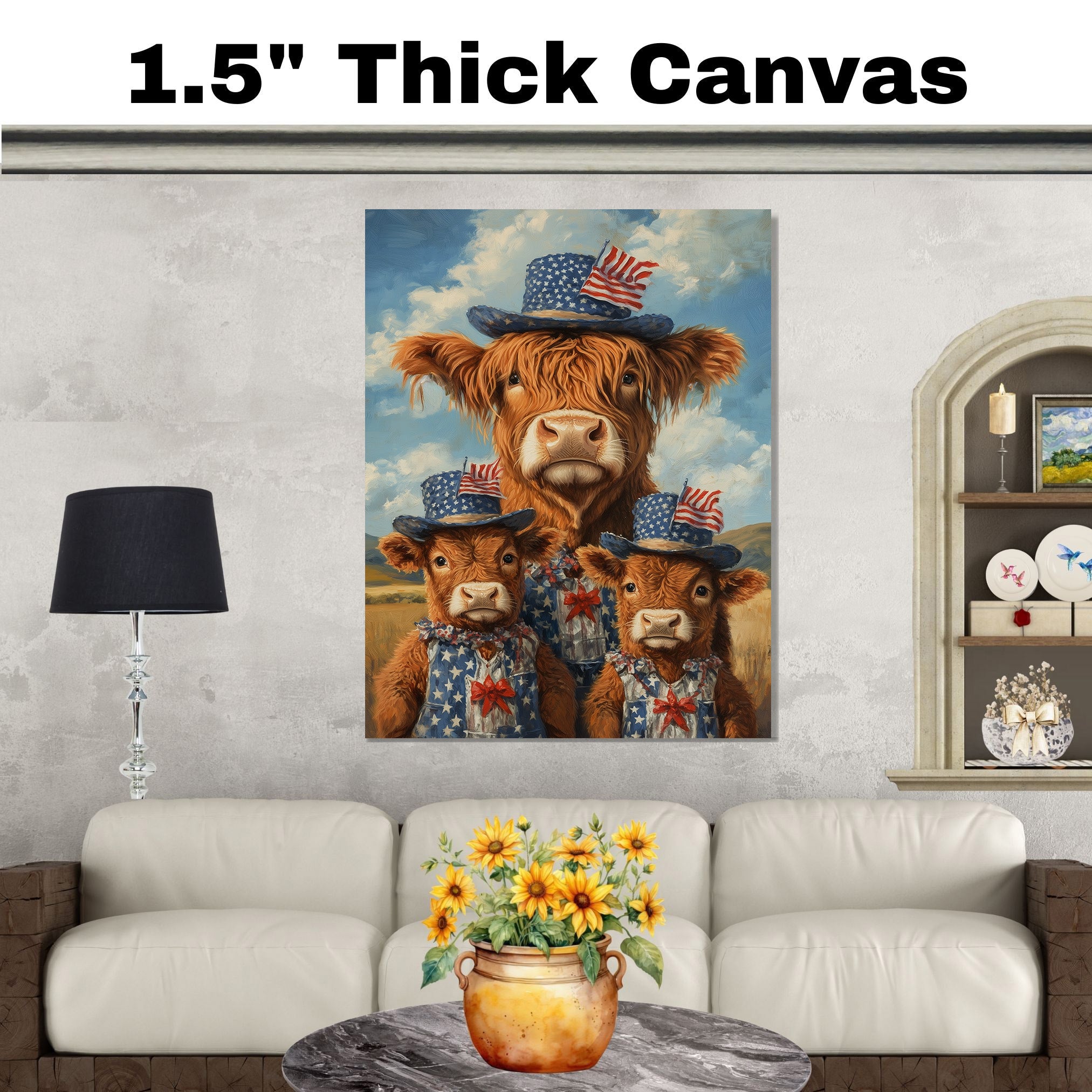 Mother Highland Cow and Three Calves in Patriotic Outfits and Hats with American Flags in a Field Scene on Ready to Hang 1.5" Thick Canvas Wrap, Floating Framed Canvas, Flat Rolled Canvas