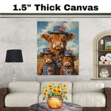 Mother Highland Cow and Three Calves in Patriotic Outfits and Hats with American Flags in a Field Scene on Ready to Hang 1.5" Thick Canvas Wrap, Floating Framed Canvas, Flat Rolled Canvas