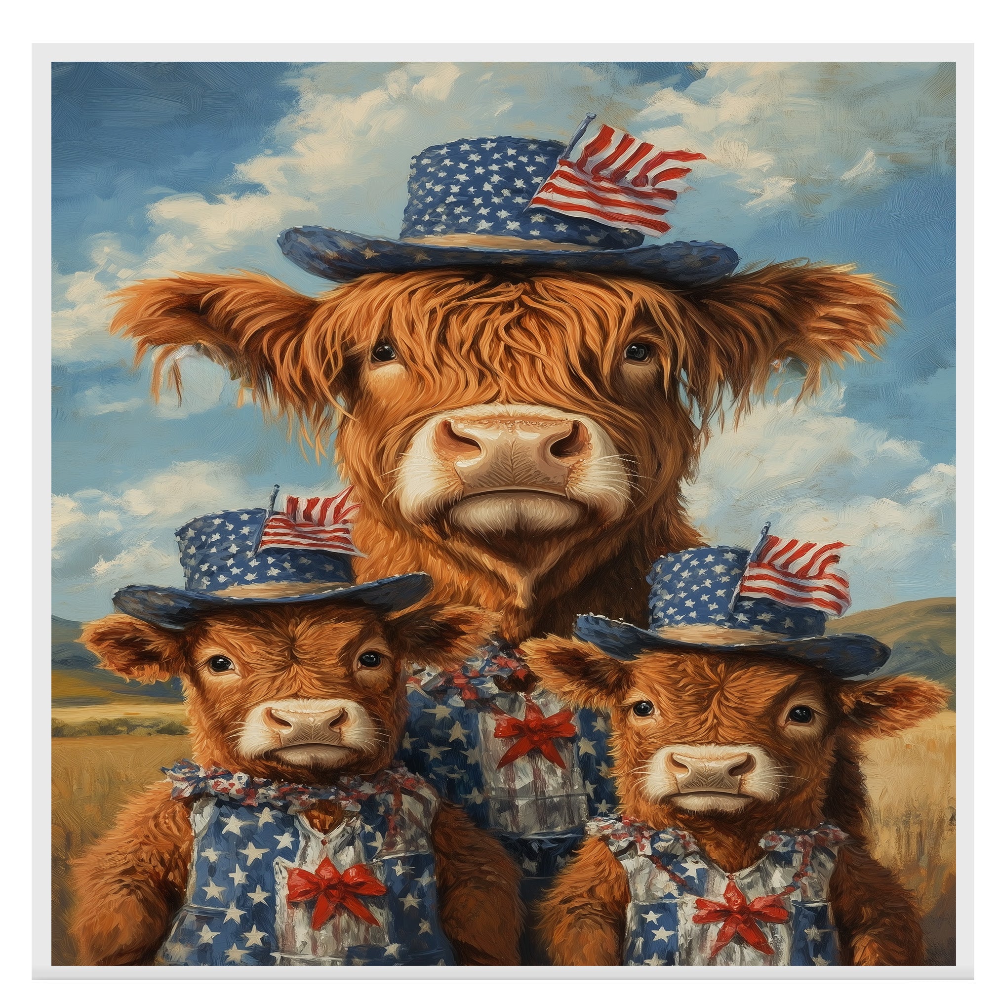 Mother Highland Cow and Three Calves in Patriotic Outfits and Hats with American Flags in a Field Scene on Ready to Hang 1.5" Thick Canvas Wrap, Floating Framed Canvas, Flat Rolled Canvas