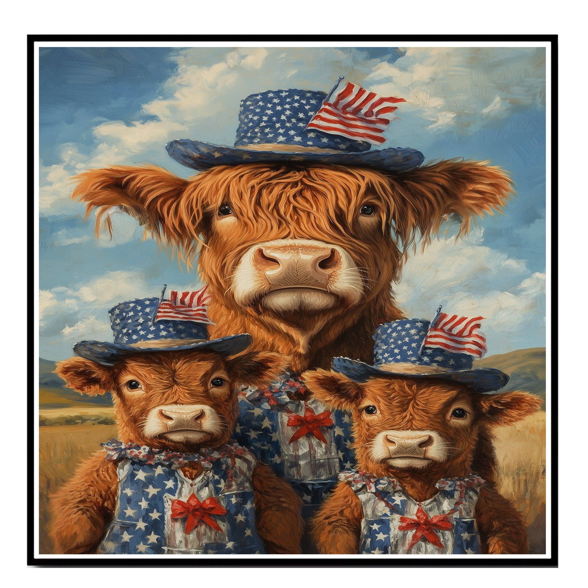 Mother Highland Cow and Three Calves in Patriotic Outfits and Hats with American Flags in a Field Scene on Ready to Hang 1.5" Thick Canvas Wrap, Floating Framed Canvas, Flat Rolled Canvas