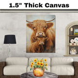 Highland Cow and Calf with Hearts Rustic Farm Animal Artwork for Country Home Decor and Animal Lovers on Ready to Hang 1.5" Thick Canvas Wrap, Floating Framed Canvas, Flat Rolled Canvas