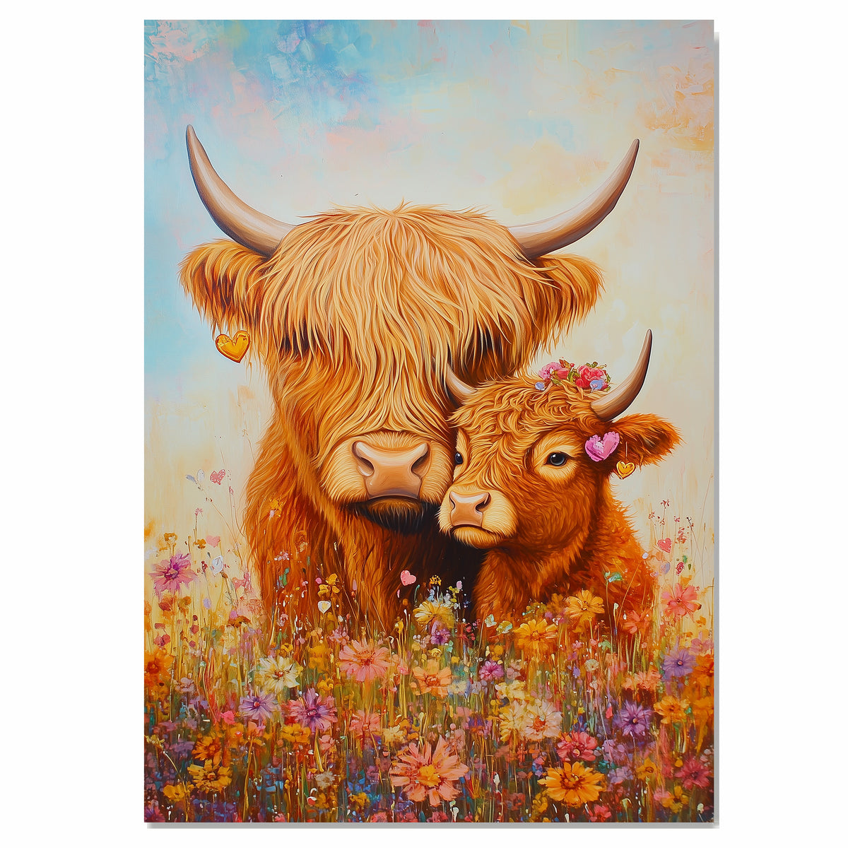 Highland Cow and Calf Colorful Farm Animal Artwork for Rustic Country Homes and Animal Lovers on Ready to Hang 1.5" Thick Canvas Wrap, Floating Framed Canvas, Flat Rolled Canvas