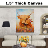 Highland Cow and Calf Colorful Farm Animal Artwork for Rustic Country Homes and Animal Lovers on Ready to Hang 1.5" Thick Canvas Wrap, Floating Framed Canvas, Flat Rolled Canvas