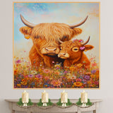 Highland Cow and Calf Colorful Farm Animal Artwork for Rustic Country Homes and Animal Lovers on Ready to Hang 1.5" Thick Canvas Wrap, Floating Framed Canvas, Flat Rolled Canvas