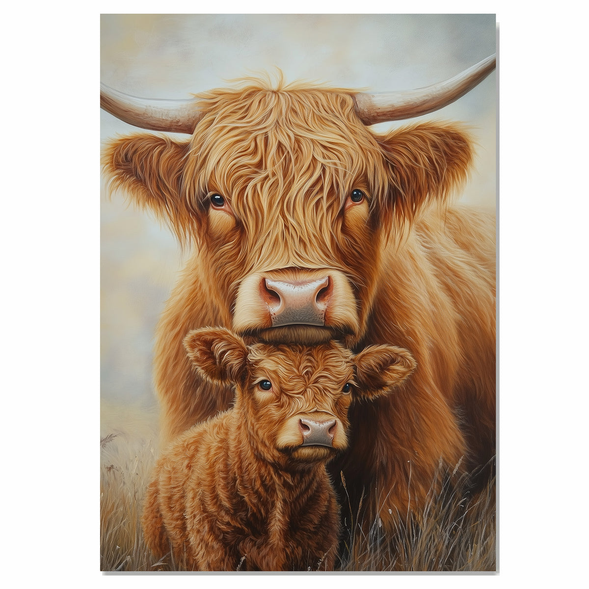 Highland Cow and Calf with Hearts Rustic Farm Animal Artwork for Country Home Decor and Animal Lovers on Ready to Hang 1.5" Thick Canvas Wrap, Floating Framed Canvas, Flat Rolled Canvas