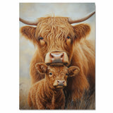 Highland Cow and Calf with Hearts Rustic Farm Animal Artwork for Country Home Decor and Animal Lovers on Ready to Hang 1.5" Thick Canvas Wrap, Floating Framed Canvas, Flat Rolled Canvas