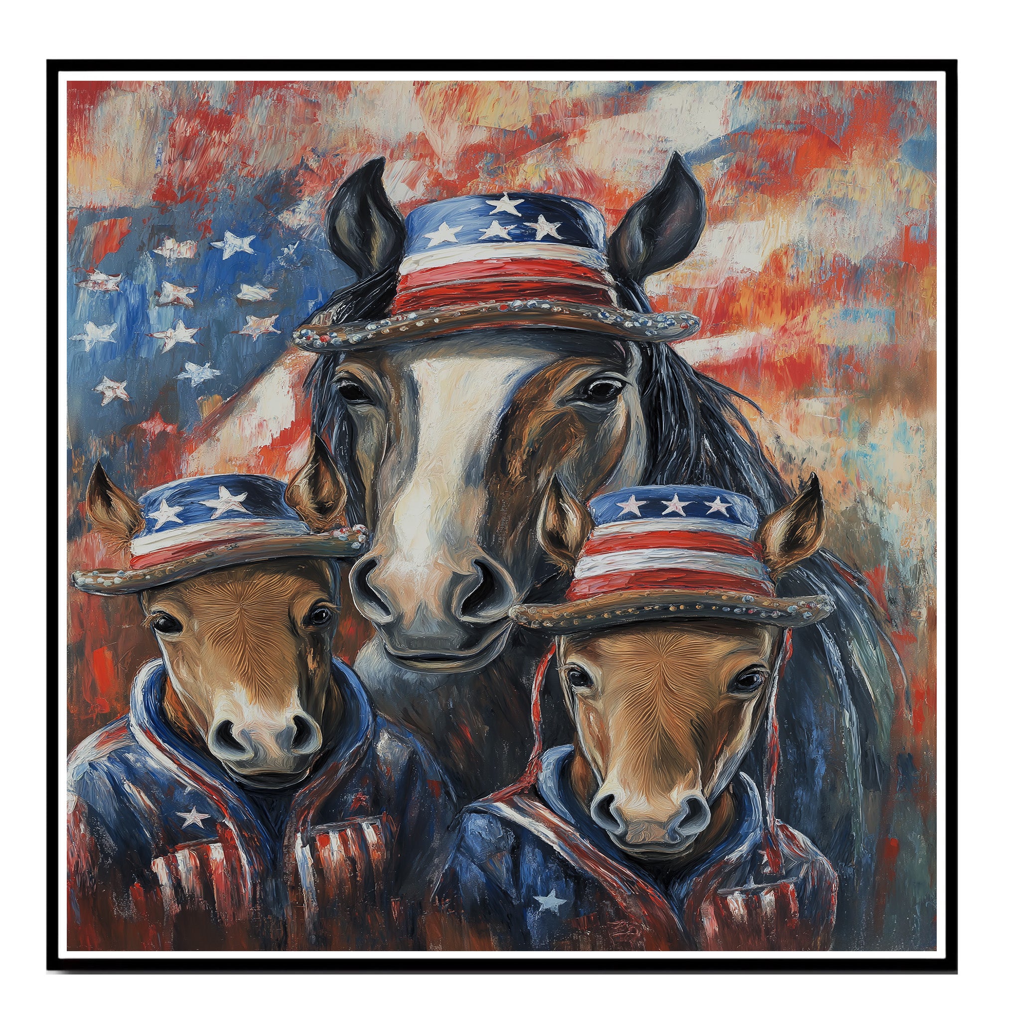 Mother Horse and Three Foals in Patriotic Outfits and Hats with American Flag Theme Against Colorful Abstract Background on Ready to Hang 1.5" Thick Canvas Wrap, Floating Framed Canvas, Flat Rolled Canvas